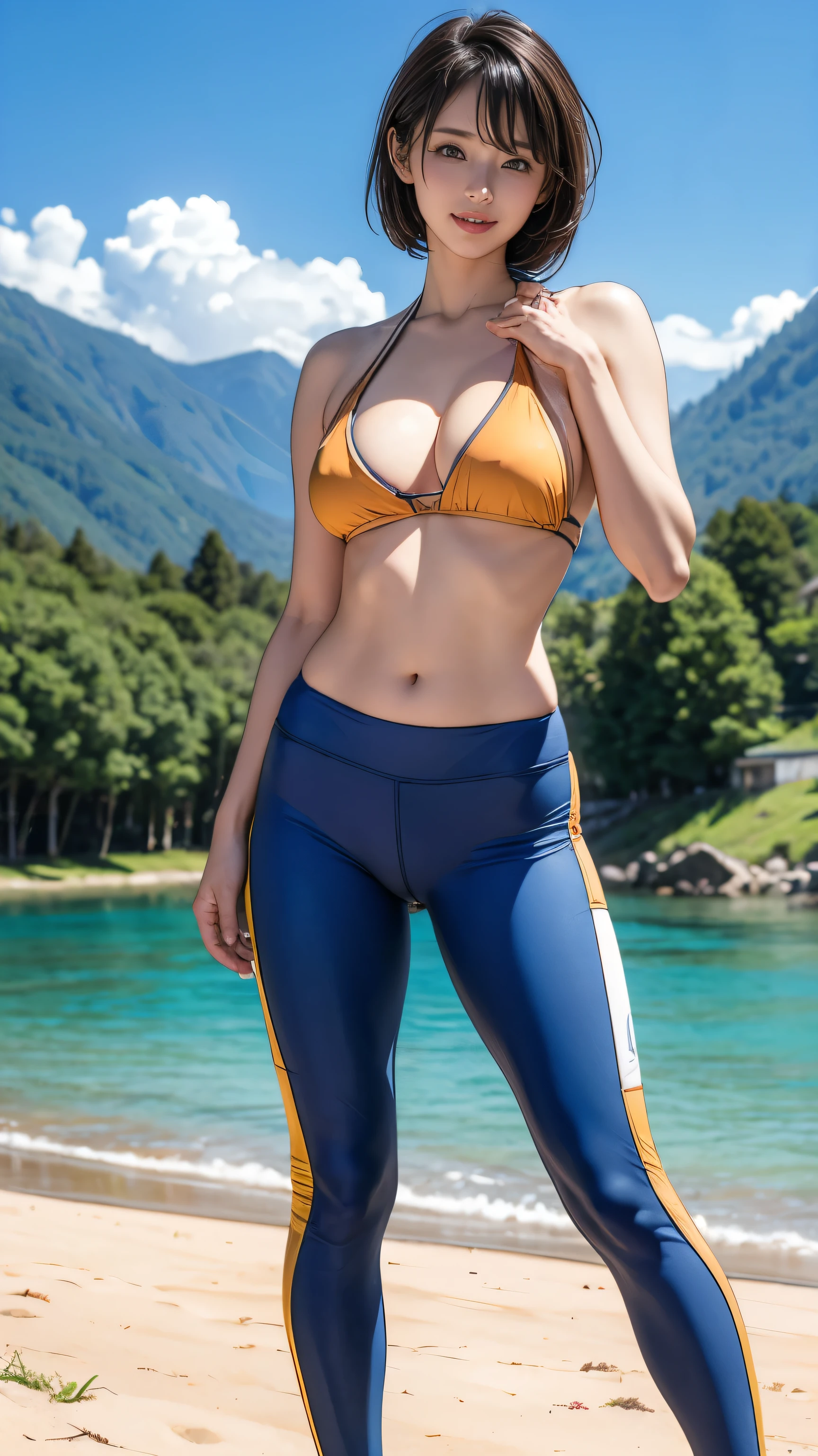(girl, 22 years ago, same height :1.2) ,masterpiece,Mountain bike,cycling enthusiast,beautiful 、girl riding a bicycle、often play sports、bikini pants、not wearing underwear、blue sky and white clouds,8K, japanese girl , (smile:0.7), smile, very short hair , camel toe, (high color saturation:1.0), (highly detailed skin), (highest quality:1.0), (ultra high resolution:1.0) ,(realistic:1.0), (Super detailed:1.0), (8K, Raw photo:1.1)、inverted nipples, sexy, software, full body shot、