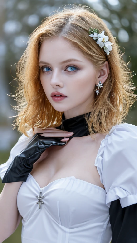 1 miniature Beautiful beautiful woman - Yuan Sayuki, ((top quality, 8K, Masterpiece:1.retty woman, 1 woman, huge breasts:1.3, a slim body:1.1, lush GINGER short hair, (shower, wet body, wet clothes:1.1), very detailed face, detailed lips, detailed eyes, double eyelids, Detailed blue eyes, чрезвычайно Detailed Outstanding Blue Eyes, short GINGER wet hair, GINGER wet hair, Detailed Outstanding Blue Eyes, innocent look at the viewer, very wet wavy white hair, Detailed Outstanding Blue Eyes, huge cross earrings, Outdoors, badges behind, gothic maid uniform, sexy maid dress, bare chest, huge chest tattoo, detailed huge catholic cross earrings, chest tattoo, Outside, wear a silver cross (Detailed cross shape), reality mode, wet breasts, black necklace, human crowd behind, black latex gloves, hair of white snowy colour, night time, red neon lights, demonic nun, nimbus (golden lighting ring above her head), angel, snowy weather, sexy pose, white lingerie, black maid dress, detailed flower wreath made of different colours, open chest