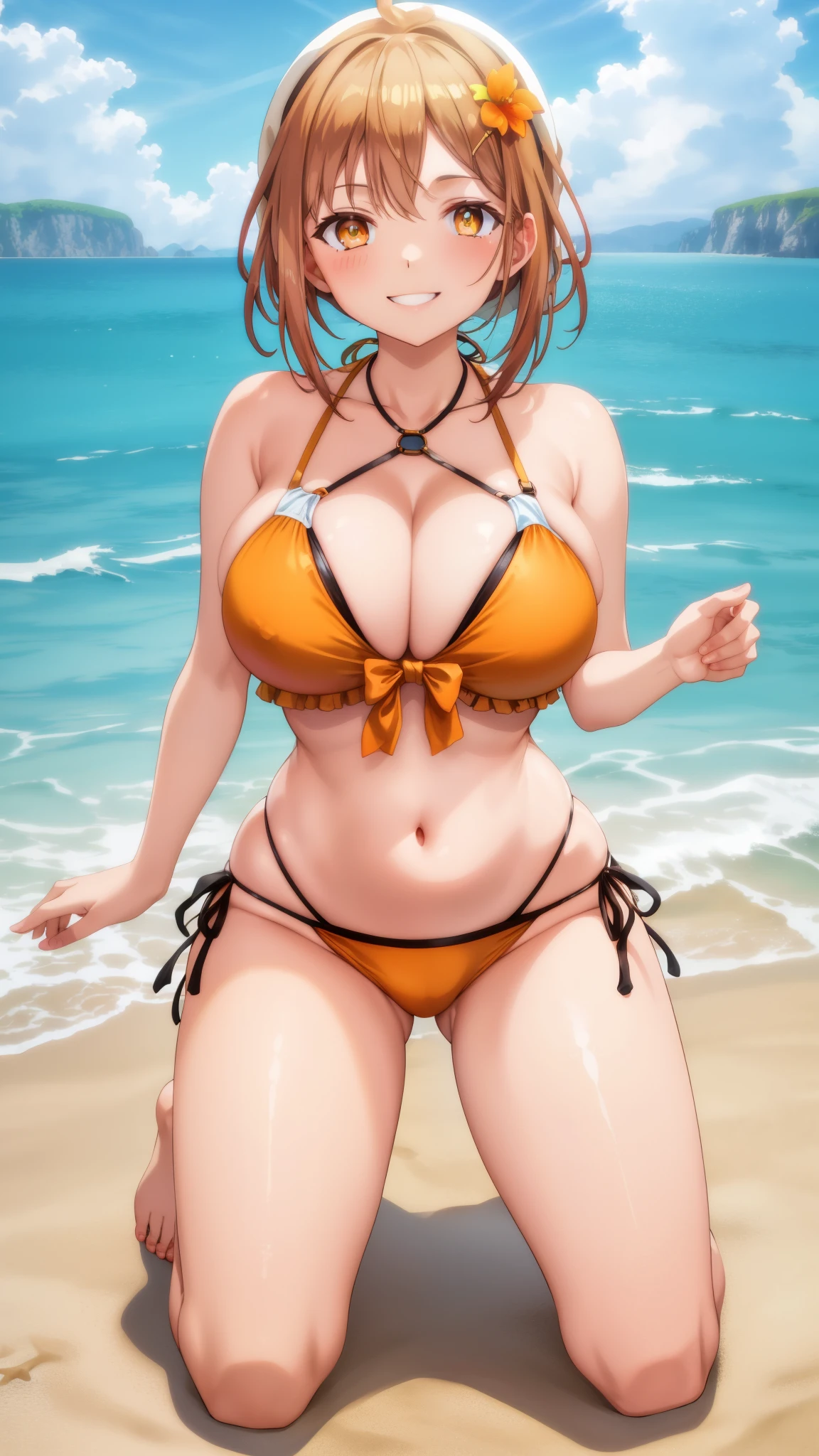 orange eyes,smile,,,,solo,suimsuit,big breasts,saggy breasts,kneeling,blush,beach,yellow line bikini