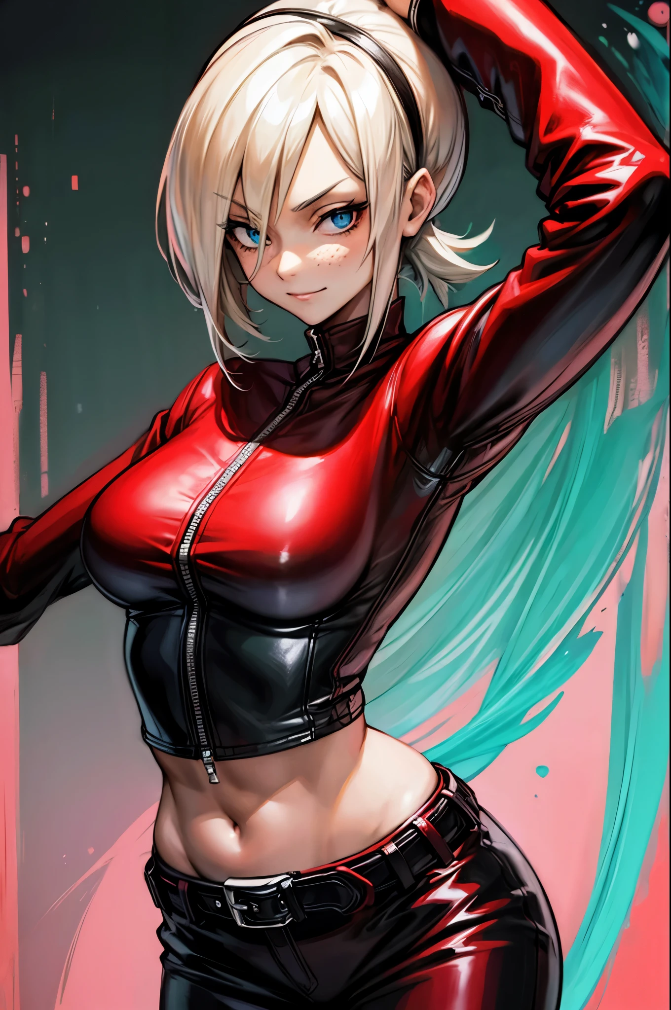 (masterpiece, best quality:1.2), expressive eyes, perfect face, highres, 1girl, solo, (female:1.5), AshCrimson, blonde hair, hair covering eye, hair band, red jacket, freckles, red bodysuit, red pants, belt, fingerless gloves, nail polish, smirk, midriff, arms up,  blacl background, green fire, posing, standing, upper body portrait, looking at the viewer