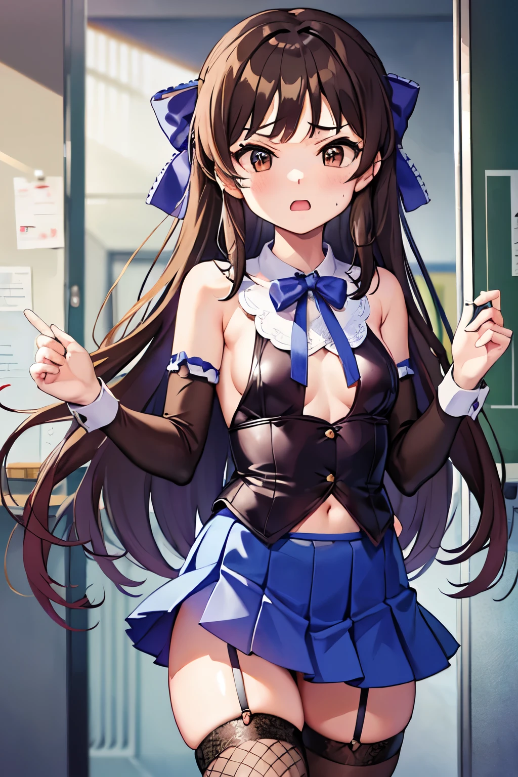 NSFW、Primary school students、child、Long Hair、((Small breasts、Small breasts、体型、Angry、Wounded Body、Blue ribbon))、((uniform、garter belt、Fishnet tights))、Walking through the school corridors、Sweating profusely