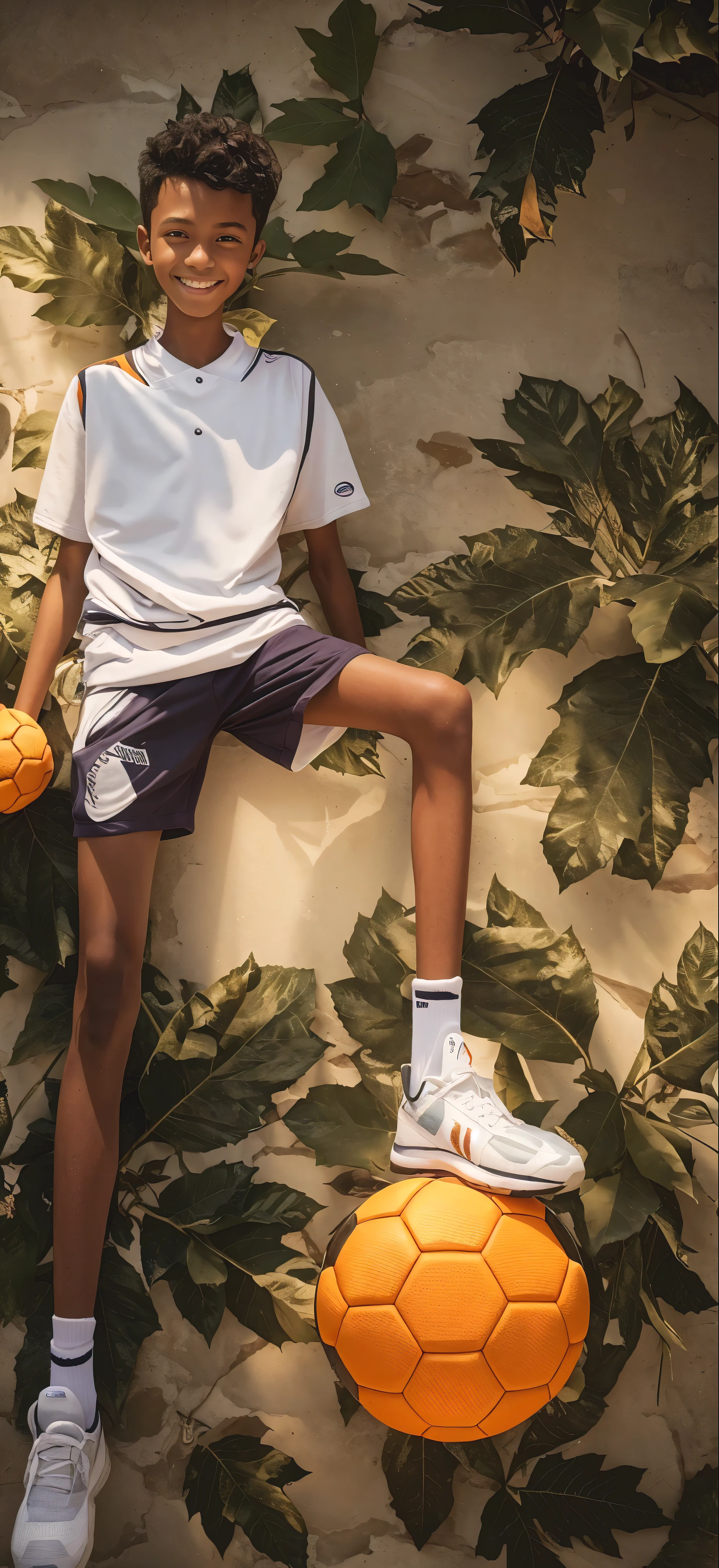boy,(Wearing tennis clothes,Wearing orange socks),Dark skin,Big round eyes,Very short hair,Tall and skinny,Toothy Smile,