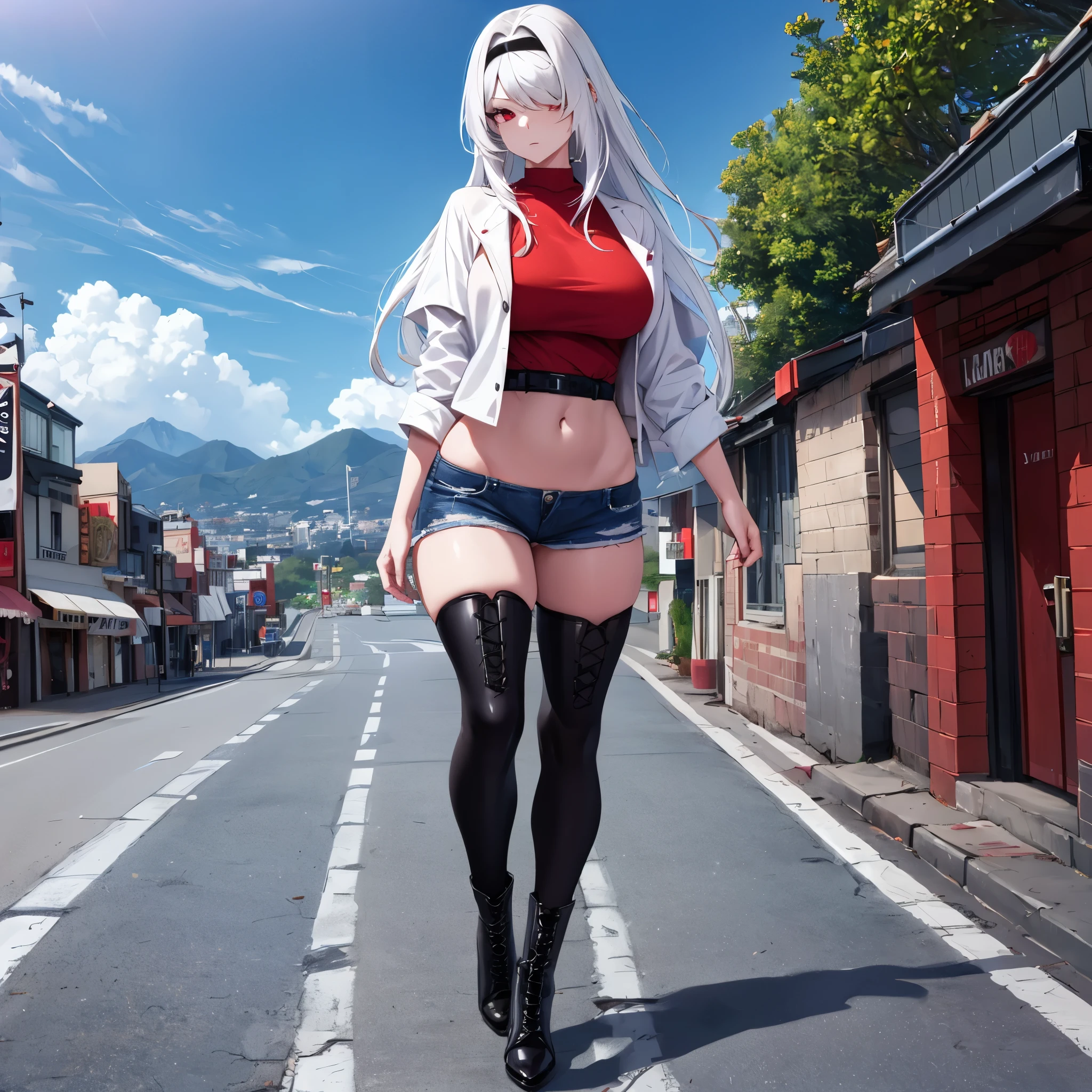 A woman wearing a casual red shirt, short black denim shorts, black boots, long white hair, casual black hat, exposed thigh, full body, red eyes walking on a sidewalk overlooking Hollywood mountain, blue sky with clouds, (woman alone), HDR, ultra resolution, sharp, masterpiece, 8K HD
