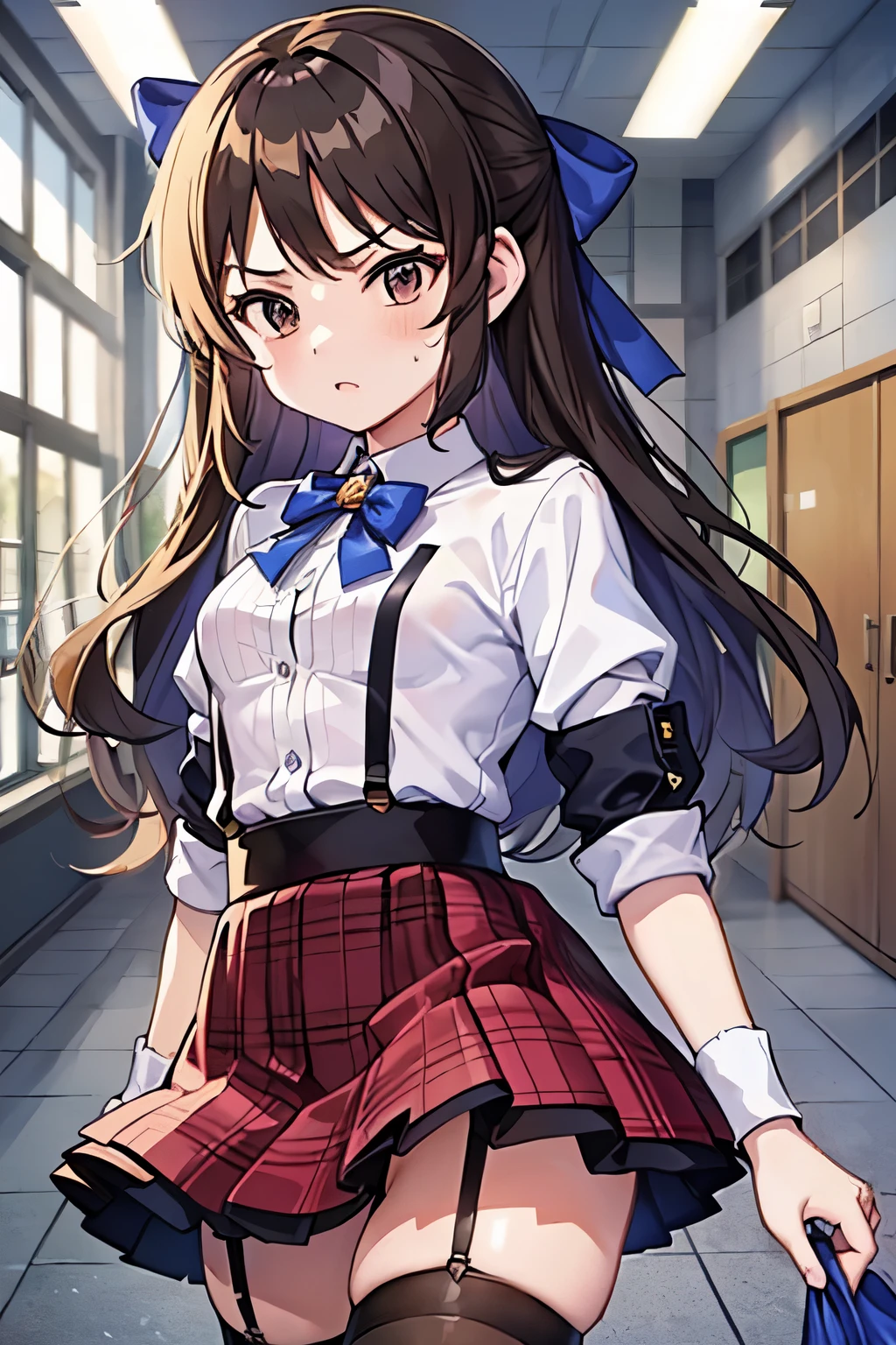 NSFW、Primary school students、child、Long Hair、((Small breasts、Small breasts、体型、Angry、Wounded Body、Blue ribbon))、((uniform、garter belt、Fishnet tights))、Walking through the school corridors、Sweating profusely