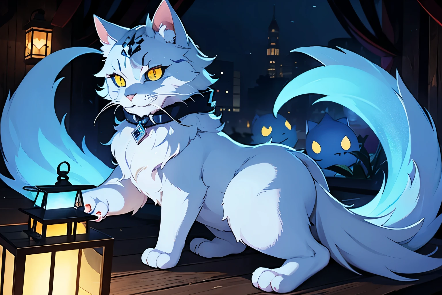 Top quality, monster cat illuminated by lanterns, eyes sparkling like jewels, fluffy body with two tails, monster, suspicious atmosphere