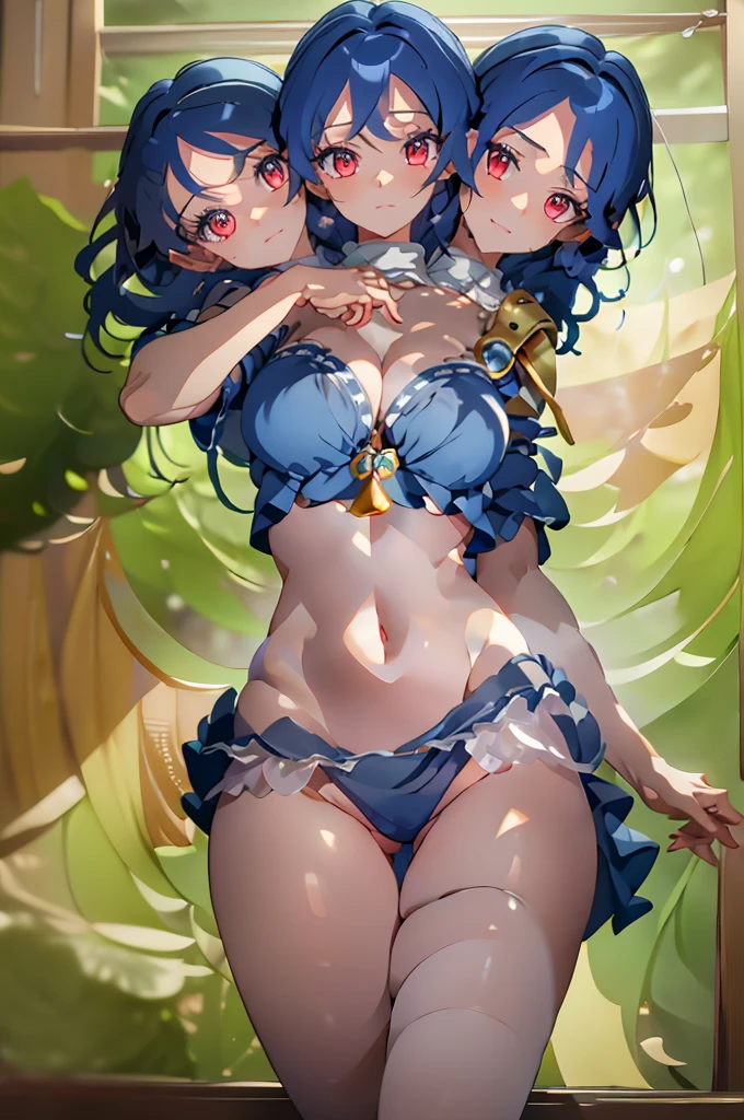 (masterpiece, best quality), best quality, (ultra-detailed), (3heads:1.5), 1girl, (Megumu Iizunamaru:1.3), masterpiece, best quality, ultra quality, ultra resolution, ultra detail, dark blue top, crop top, ((stomach)), midriff, ((groin)), dark blue skirt, normal ears, shackles, blue hair, very long hair, wavy hair, sidelocks, red eyes, detailed eyes, parted lips, open belly, sweat, cute, toned belly, hand on own chest, eyelashes, (24 year old woman:1.3), (masterpiece:1.5), (best quality:1.5), (beautiful detailed), extremely detailed CG, extremely delicate and beautiful, depth of field, (finely detailed face), (perfect details:1.2), (mature female:1.3), wide pelvis, slender, large veiny breast, 16k resolution, highres, high quality, high definition, extremely detailed, masterpiece, blue hair, long hair, alluring presence, braid, short skirt, close up, big tits, young, blue tokin, golden pauldron,