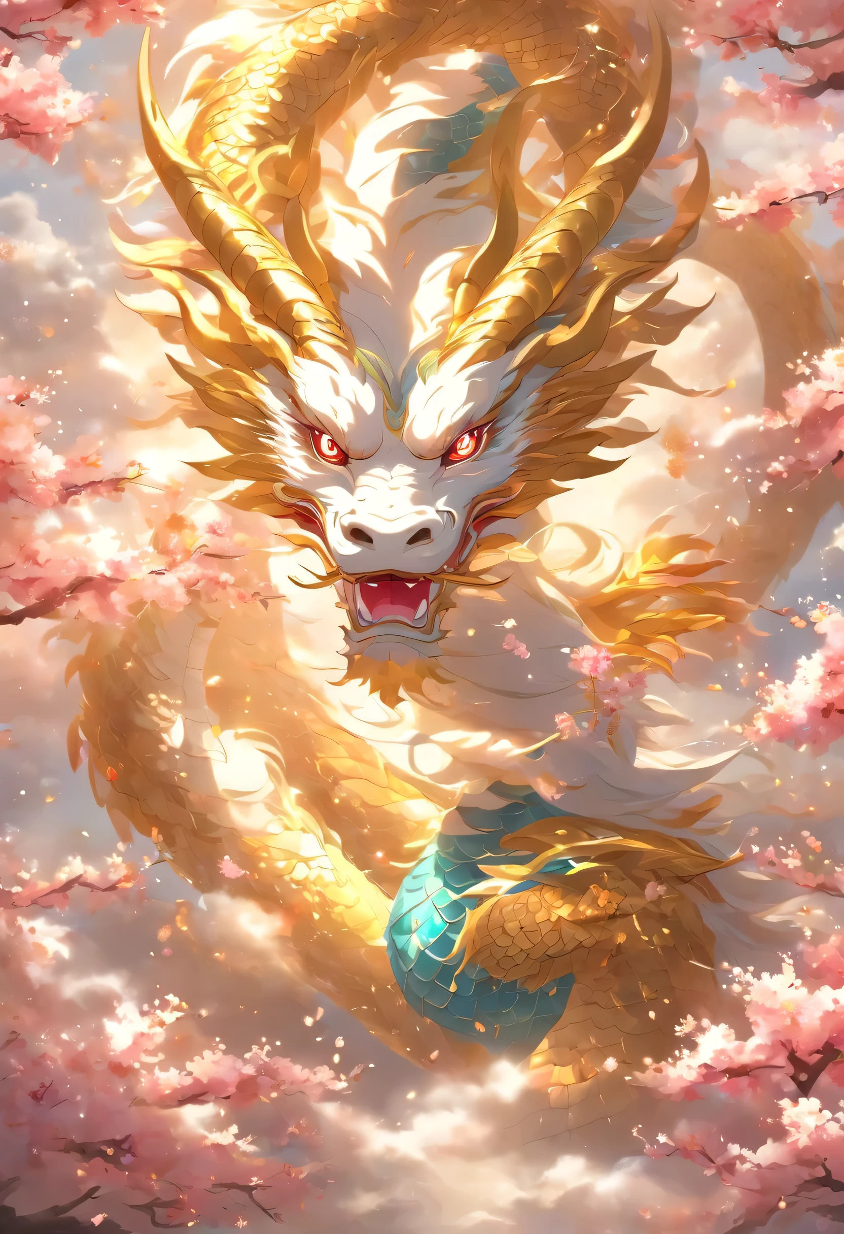 logo、masterpiece、(White background:1)、Golden Chinese dragon surrounded by white clouds、Pink cherry blossom tree、petal、Wind、god々、Long undulating body、tooth、Fantasy、God Story、high quality、Very detailed、masterpiece、Particle Effects、Dynamic Effects、Sun in the background、2The dragons on each head face each other, forming a heart shape.、Sparkling Eyes、Rainbow Body