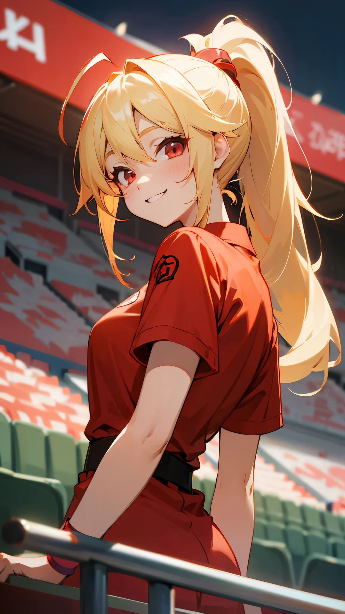 1 girl、anime painting、Blonde ponytail、Ahoge、Beautiful red eyes、smile、Vibrant colors、red shirt、Red wristband、smile、From the side、Upper body close-up、Stadium stand seating background