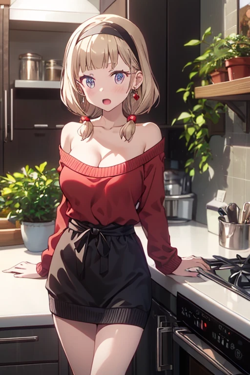 masterpiece, yor, 1girl, Amazing Cleavage:1.3, thin waist, big ass, Raised sexy, medium breast: 1.8 posed cleavage:1.2、solo, looking at viewer, open mouth, have a cup of coffee,black hair, red eyes, dress, bare shoulders, jewelry, collarbone, sidelocks, hairband, earrings, indoors, off shoulder, :o, sweater, arms behind back, plant, short hair with long locks, white hairband, off-shoulder dress, sweater dress, off-shoulder sweater, red sweater, big side hair, very long side hair,is rendered in (masterpiece: 1.2, best quality), with (ultra high resolution) and an exquisite (depth of field). This masterpiece is not only visually stunning but also tells, teach of cooking ,in the kitchen
