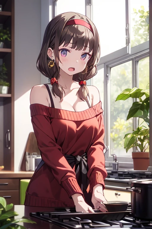 masterpiece, yor, 1girl, Amazing Cleavage:1.3, thin waist, big ass, Raised sexy, medium breast: 1.8 posed cleavage:1.2、solo, looking at viewer, open mouth, have a cup of coffee,black hair, red eyes, dress, bare shoulders, jewelry, collarbone, sidelocks, hairband, earrings, indoors, off shoulder, :o, sweater, arms behind back, plant, short hair with long locks, white hairband, off-shoulder dress, sweater dress, off-shoulder sweater, red sweater, big side hair, very long side hair,is rendered in (masterpiece: 1.2, best quality), with (ultra high resolution) and an exquisite (depth of field). This masterpiece is not only visually stunning but also tells, teach of cooking ,in the kitchen

