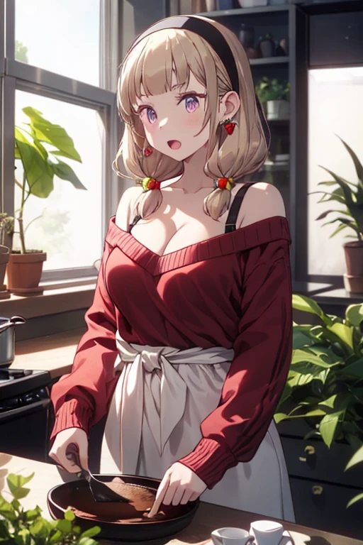 masterpiece, yor, 1girl, Amazing Cleavage:1.3, thin waist, big ass, Raised sexy, medium breast: 1.8 posed cleavage:1.2、solo, looking at viewer, open mouth, have a cup of coffee,black hair, red eyes, dress, bare shoulders, jewelry, collarbone, sidelocks, hairband, earrings, indoors, off shoulder, :o, sweater, arms behind back, plant, short hair with long locks, white hairband, off-shoulder dress, sweater dress, off-shoulder sweater, red sweater, big side hair, very long side hair,is rendered in (masterpiece: 1.2, best quality), with (ultra high resolution) and an exquisite (depth of field). This masterpiece is not only visually stunning but also tells, teach of cooking ,in the kitchen