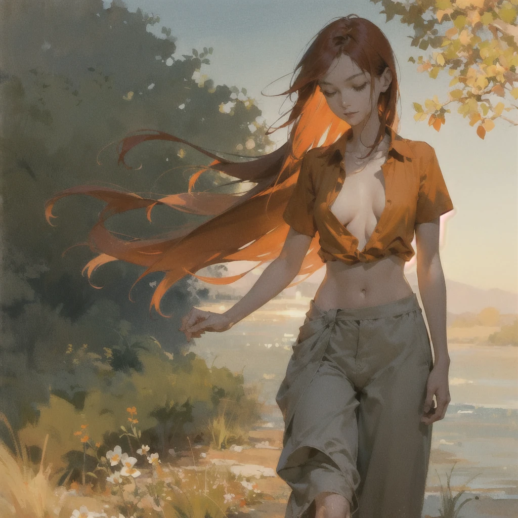 Beautiful slender thin exquisite (nude) girl  with a perfect face of the southern type with red hair with tender breasts with tender nipples barefoot with bare hips ((with red pubic hairs)) ((in an unbuttoned orange shirt over a naked body and very wide, long, loose flared culottes)) walks along a brick road in the middle of a flowering field, in a gentle watercolor style, Discreet shades, sfumato, haze, diffused dim light, delicate mint shades, imitation of film photography, sunset lighting, Warm evening shades, warm golden and olive sunset light