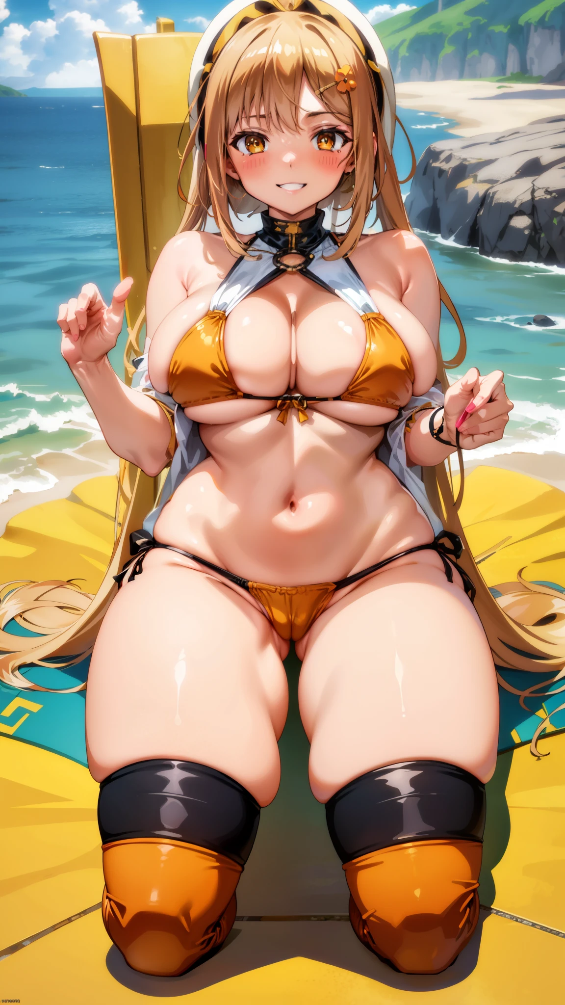 orange eyes,smile,,,,solo,suimsuit,big breasts,saggy breasts,kneeling,blush,beach,yellow line bikini