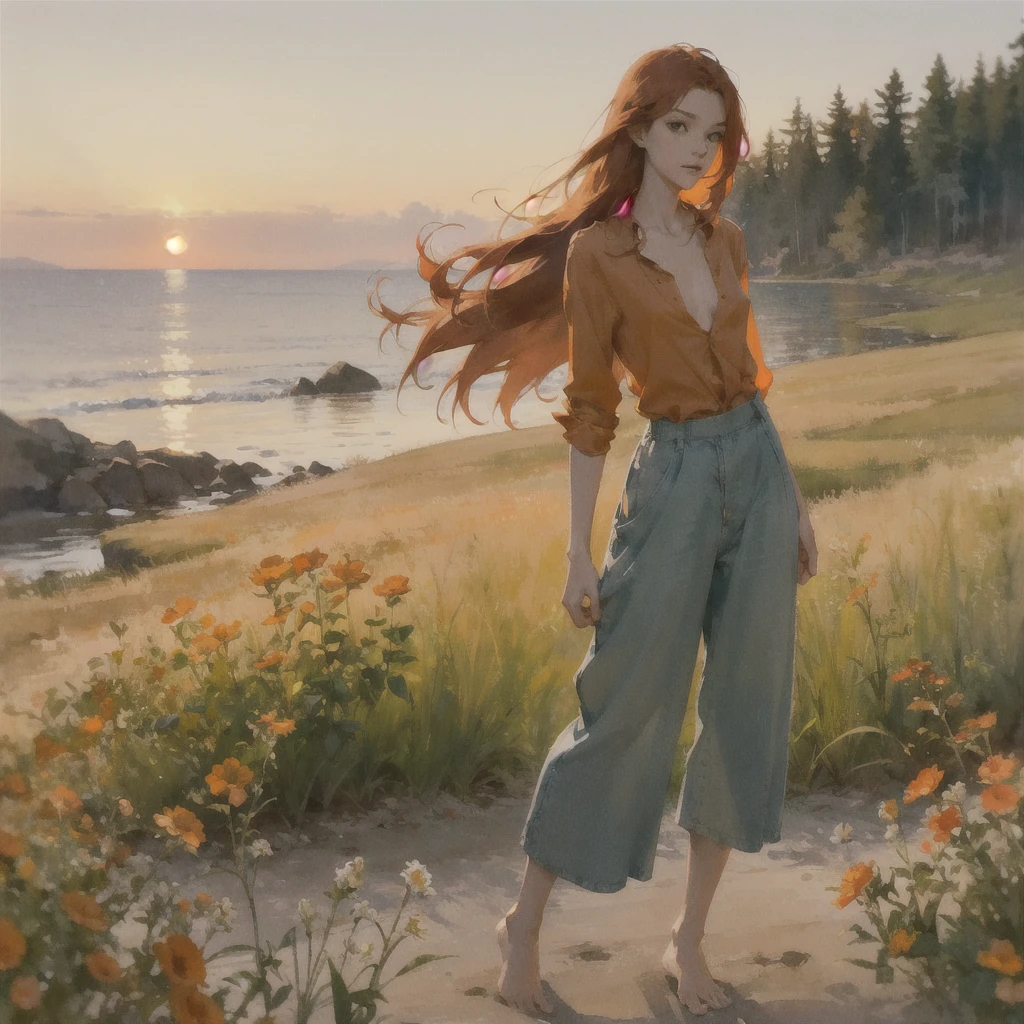 Beautiful slender thin exquisite (nude) girl 16 years old with a perfect face of the southern type with red hair with tender breasts with tender nipples barefoot with bare hips ((with red pubic hairs)) ((in an unbuttoned orange shirt over a naked body and very wide, long, loose flared culottes)) walks along a brick road in the middle of a flowering field, in a gentle watercolor style, Discreet shades, sfumato, haze, diffused dim light, delicate mint shades, imitation of film photography, sunset lighting, Warm evening shades, warm golden and olive sunset light