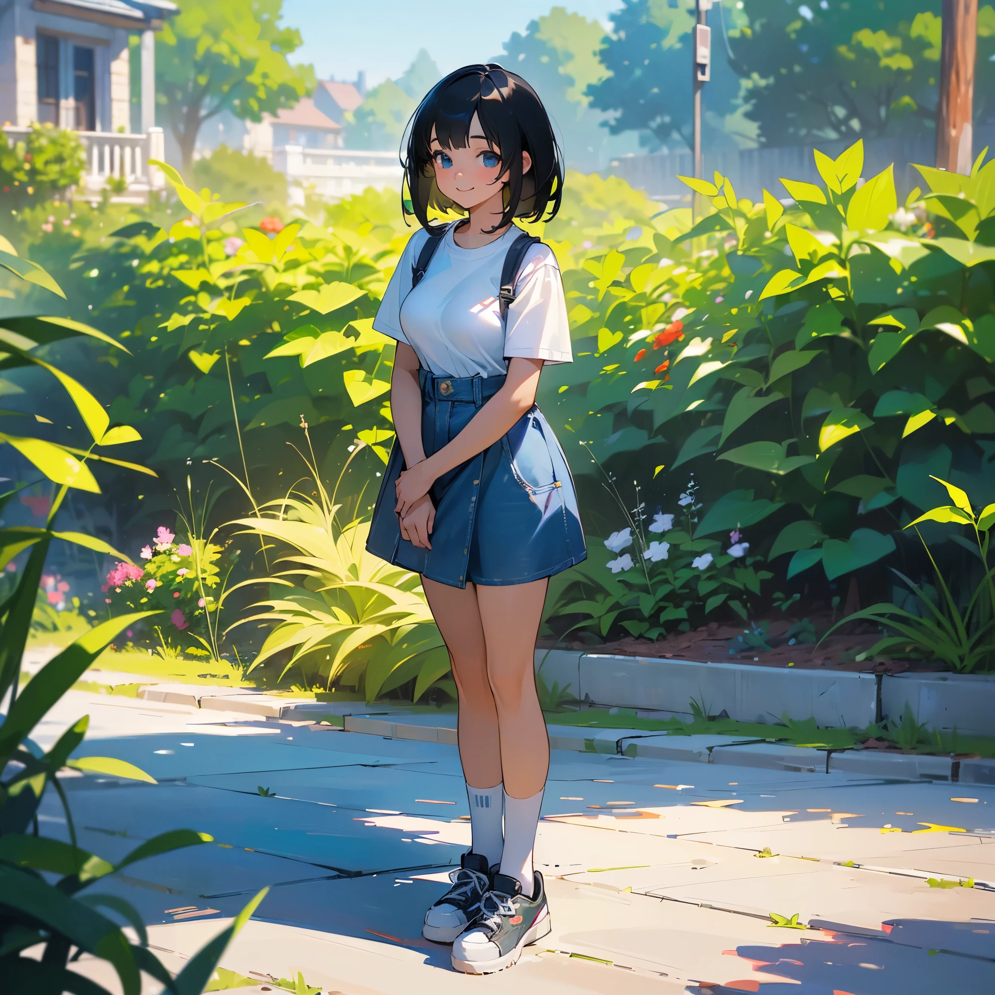 (high quality, High resolution, Very detailed, reality:1.37), Peaceful atmosphere, (Outdoor, garden), teenage girl standing alone, (my breasts are big.), Beautiful detail features, Cute Smile, (Black bob hair), Short sleeve shirt, Denim mini skirt, Blue socks, sneakers.