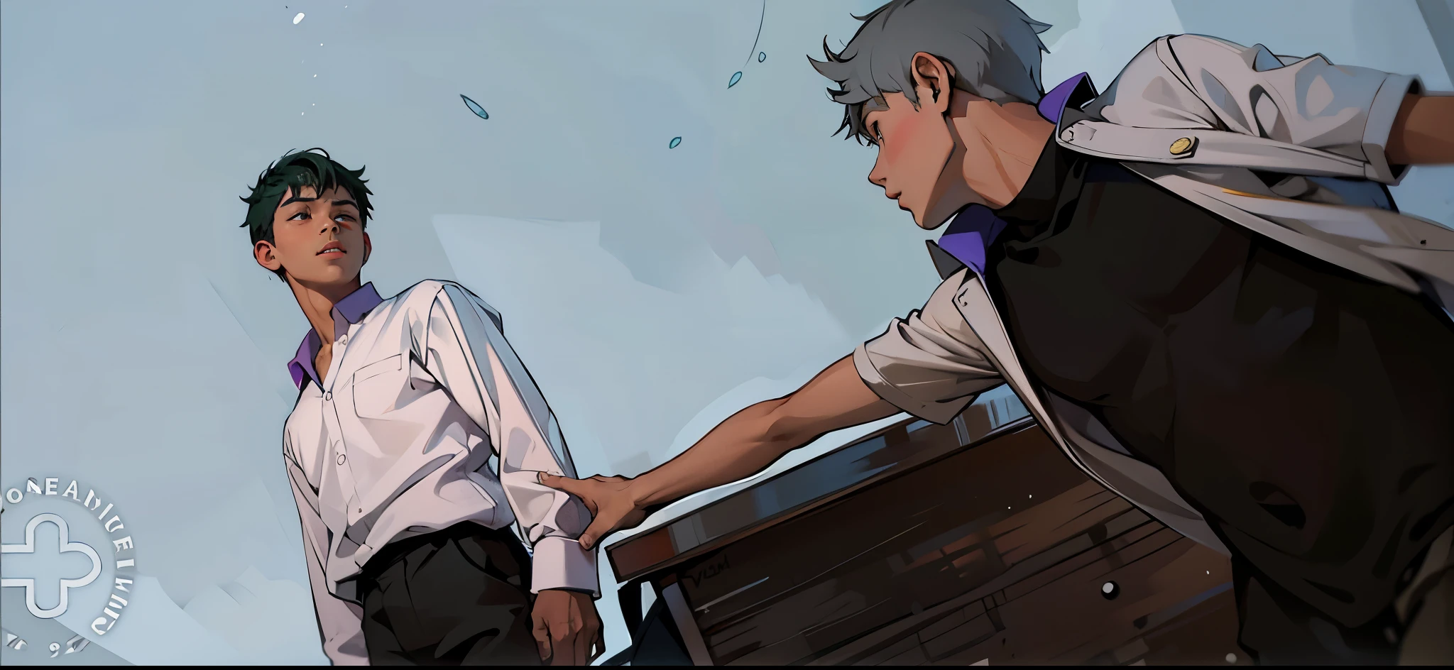 There are two young boys of , one stretches out his hand to catch the other.