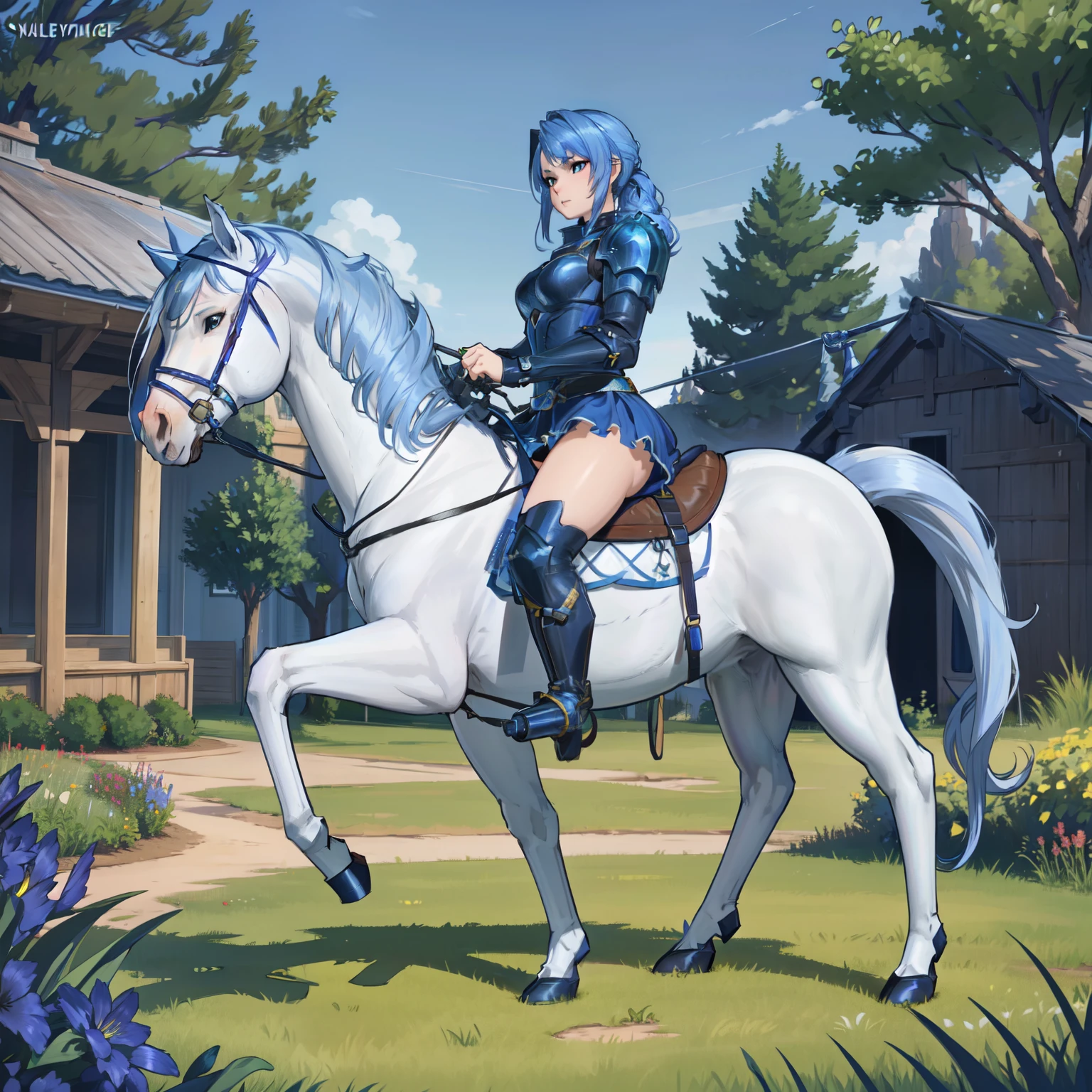 ((best quality)), ((anime masterpiece)), (detailed), vivid color, 8k, perfect face, female knight, from side, long hair, female knight, (blue armor, blue miniskirt, blue boots)+, horseback riding, horse riding, solo, (white horse, saddle, stirups, reins: 1.5)++, walking: 1.5, forest, scenery, from side: 1.5, anatomically correct, trails