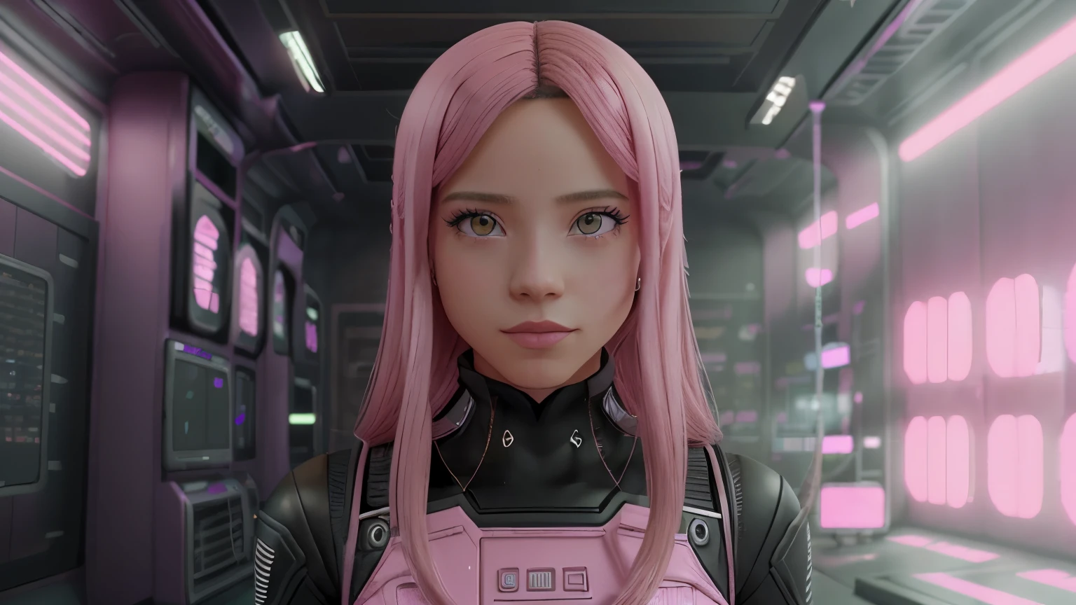 entorno pink. ciudad pink. Chica anime futuristica misteriosa. 8k. cinematica. luces neones. 4k. alta calidad. Vestuario futuristico