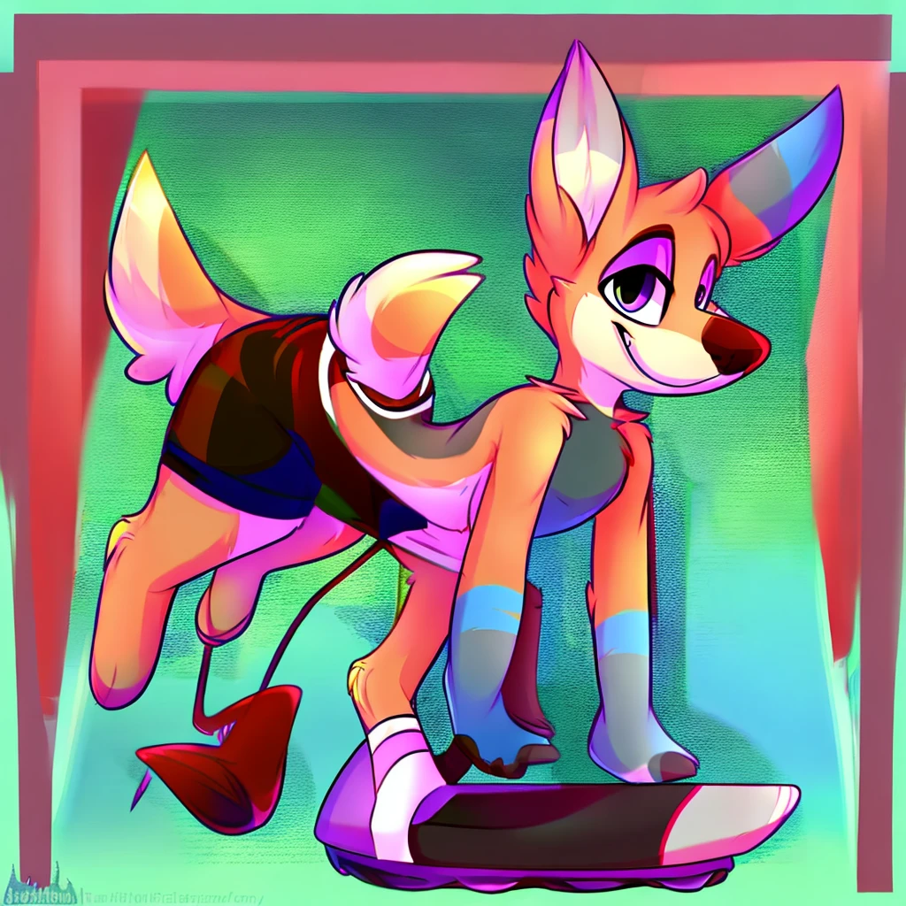 a cartoon dog in an outfit is shown riding on a skateboard, smile, solo, simple background, shirt, blue shirt, furry, pink background, grin, looking at viewer, shorts, black shorts, short sleeves, teeth, animal ears, full body, 1boy, flat color, male focus