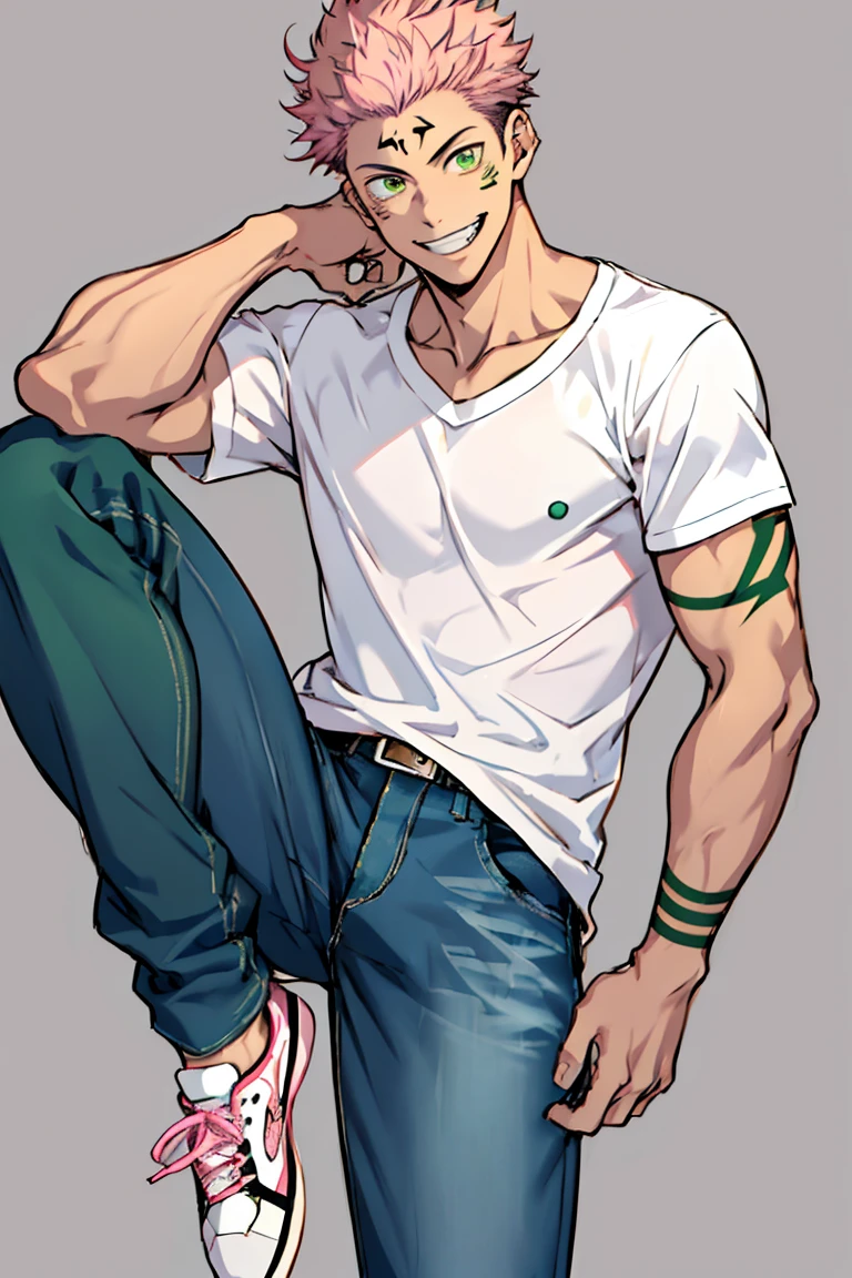 simple background、1 handsome man、Sukuna, 20 age、175cm、62kg、Face top right、yellow-green eyes、pink hair color、tattoo, short-haired、White T-shirt、jeans、White sneakers、a smile, 