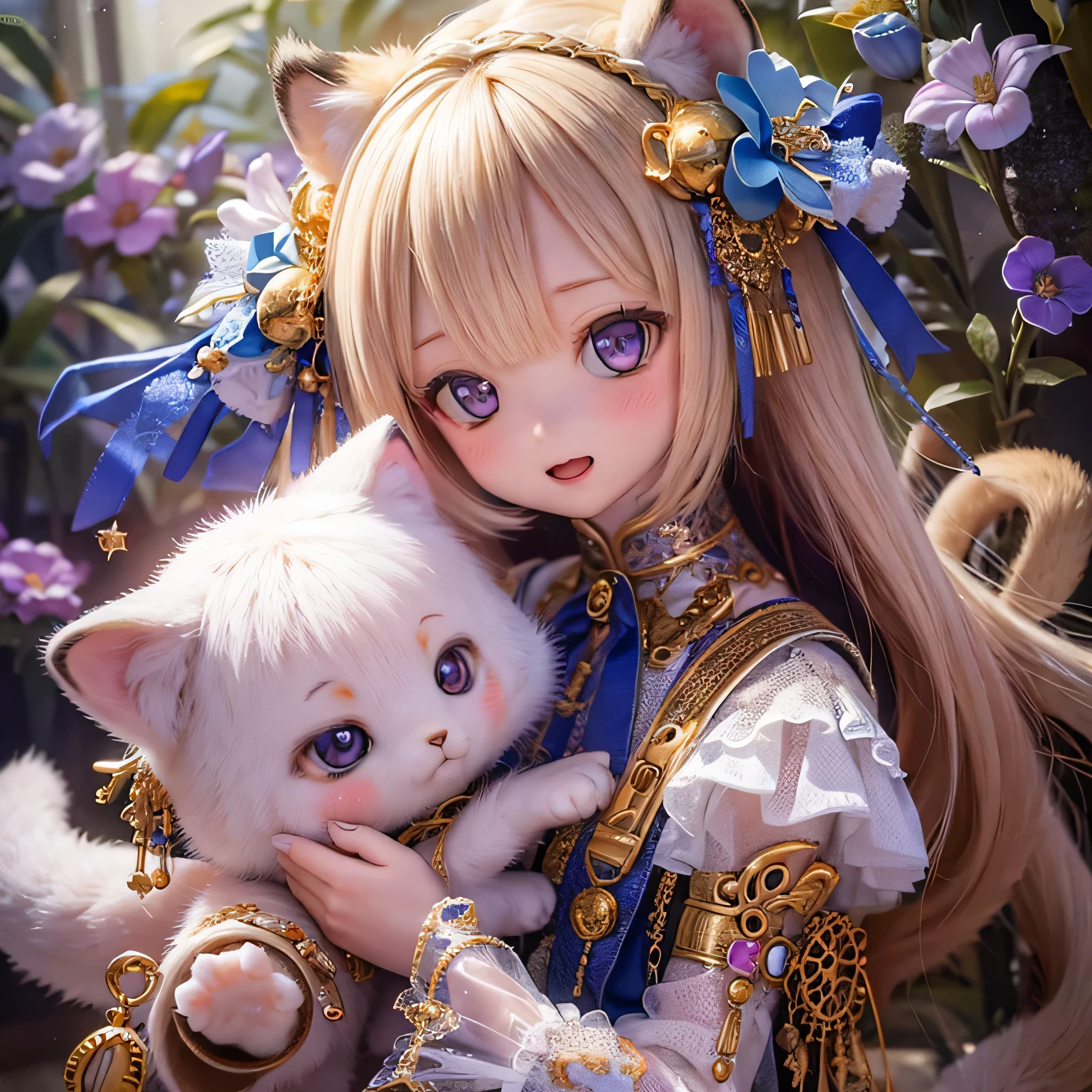 (highest quality,4K,8k,High resolution,masterpiece:1.2),Very detailed,Realistic,White Tiger Girls Chibi,Beautiful fine details,Long eyelashes,Detailed lips,A girl in colorful and cute clothes,Tall trees with bright flowers々Play in a magical garden filled with,Soft and warm sunlight on the tree々Plug in from between,Creates a magical and dreamy atmosphere,Sparkling fairy dust floating in the air,Bring a sense of fascination and wonder to your scenes,The skin has a delicate and intricate tiger pattern.,Glows softly, Mysterious Light,The innocent and happy expressions of the girls, 
Emphasize a pure and playful personality,Small and adorable chibi characters, 
Increase the cuteness, A harmonious blend of reality and fantasy, 
Evokes childlike joy and imagination, vibrant and lively color palette, 
Shades of pink, purple, Blue and,Painting-like texture, Add depth and richness to your artwork, Capture the magical essence of the scene.