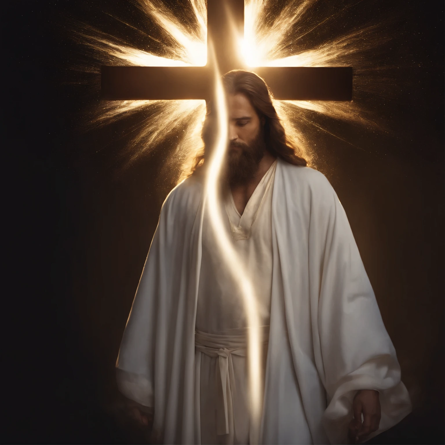 a man with a beard and long hair,wearing a white robe,light shining from above,cross,faith,believers,spiritual,holy,divine,golden halo,serene expression,heavenly light,peaceful,pure,divinity,love and compassion,surrounded by a peaceful crowd,divine intervention,hope,redemption,savior,sacred,miracle,humility,salvation