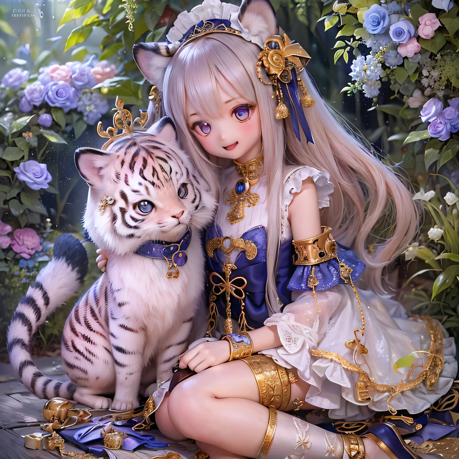 (highest quality,4K,8k,High resolution,masterpiece:1.2),Very detailed,Realistic,White Tiger Girls Chibi,Beautiful fine details,Long eyelashes,Detailed lips,A girl in colorful and cute clothes,Tall trees with bright flowers々Play in a magical garden filled with,Soft and warm sunlight on the tree々Plug in from between,Creates a magical and dreamy atmosphere,Sparkling fairy dust floating in the air,Bring a sense of fascination and wonder to your scenes,The skin has a delicate and intricate tiger pattern.,Glows softly, Mysterious Light,The innocent and happy expressions of the girls,
Emphasize a pure and playful personality,Small and adorable chibi characters,
Increase the cuteness, A harmonious blend of reality and fantasy,
Evokes childlike joy and imagination, vibrant and lively color palette,
Shades of pink, purple, Blue and,Painting-like texture, Add depth and richness to your artwork, Capture the magical essence of the scene.