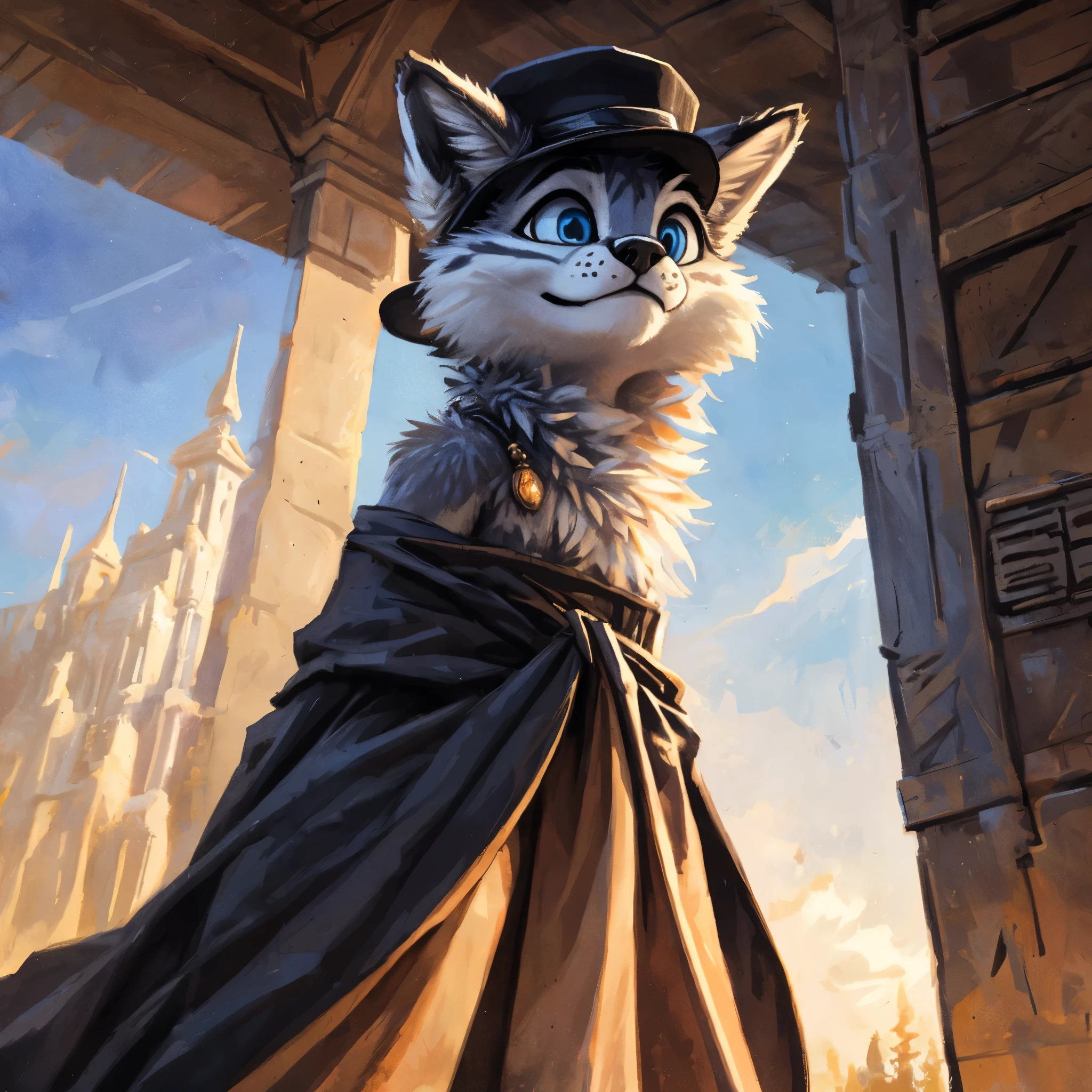 highres, High-quality illustrations, unparalleled masterpiece(movie of life)(furry anthro:1.7)absurd resolution (highly detailed beautiful face and eyes)perfect anatomy, caustics, no lighting, deep shadow, dynamic angle, Solo, furry, furry, teenite fox, white body, grey stripes, black hat, brown_towel around waist, holy magic, masterpiece, Detailed face, big eyebrows, blue eyes, detailed eyes, No muscles, Detailed hands, Flat body, Skinny, Detailed paws, no shirt, no underwear, winking, half smile, art by kenket