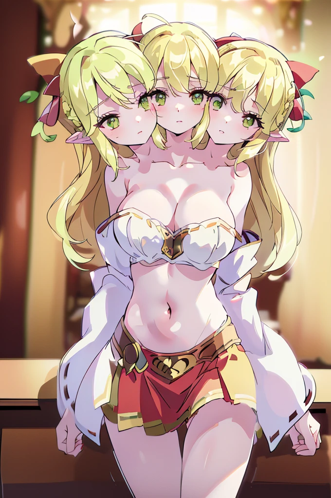 (masterpiece, best quality), best quality, (ultra-detailed), (3heads:1.5), 1girl, (rin satsuki :1.3), masterpiece, (best quality:1.5, highres, UHD), highres, absurdo, ultra detail, ultra quality, Ultra resolution, white top, crop top, ((stomach)), midriff, ((groin)), red skirt, normal ears, shackles, blonde hair, very long hair, wavy hair, sidelocks, green eyes, very detailed eyes, parted lips, sweat, cute, toned belly, hand on own chest, eyelashes, (24 year old woman:1.3), (masterpiece:1.5), (best quality:1.5), (beautiful detailed extremely detailed CG, extremely delicate and beautiful, depth of field, (finely detailed face), (perfect details:1.2), (mature female:1.4), wide pelvis, slender, large veiny breast, 16k resolution, highres, very high quality, very high definition, extremely detailed, masterpiece, blonde hair, long hair, alluring presence, braid, short skirt, close up, big tits, young, red bow,