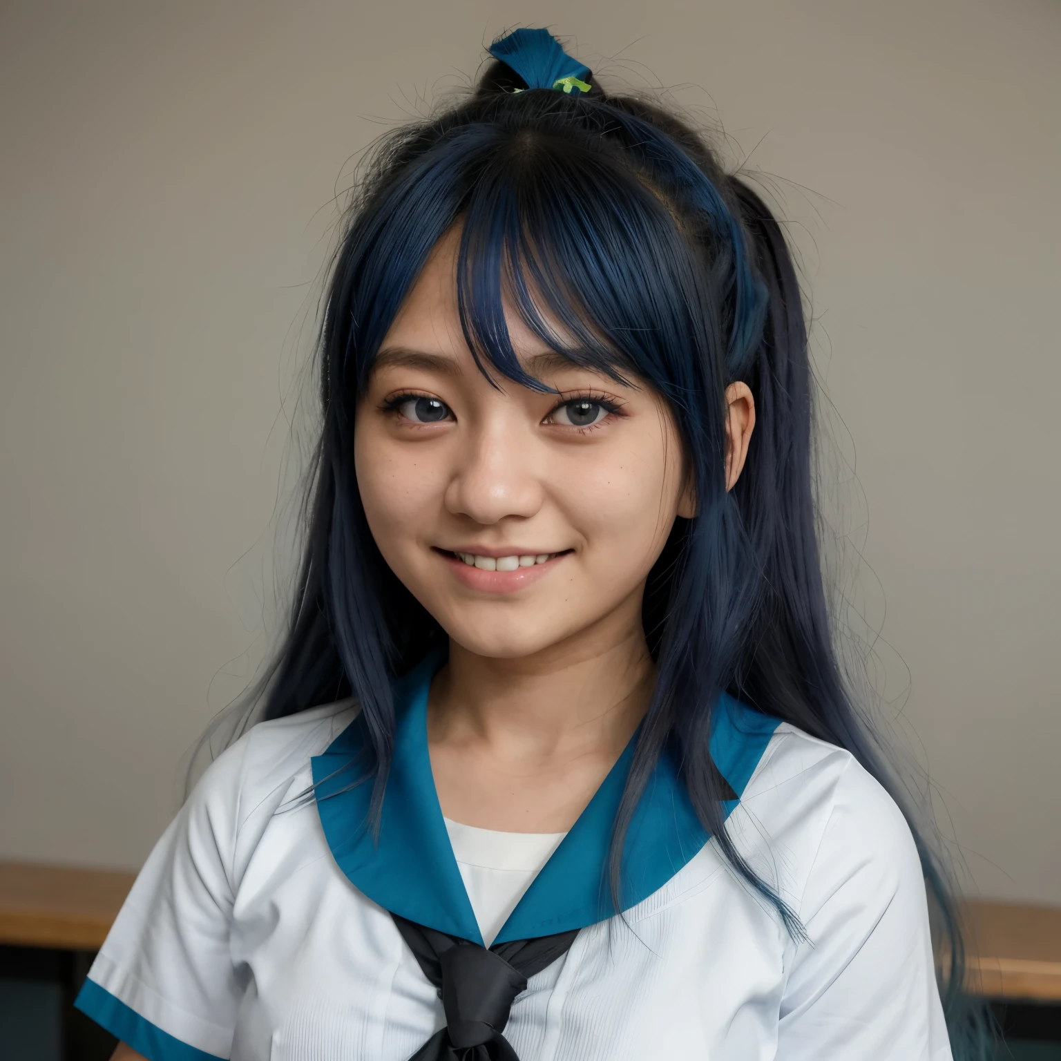 otokawa_saori, blue_cabello, verde_eyes, pechos grandes, cabello ribbon, escuela azul_uniform, Falda, aula, de pie, sonrisa, frente al espectador, obra maestra serafuku, mejor calidad