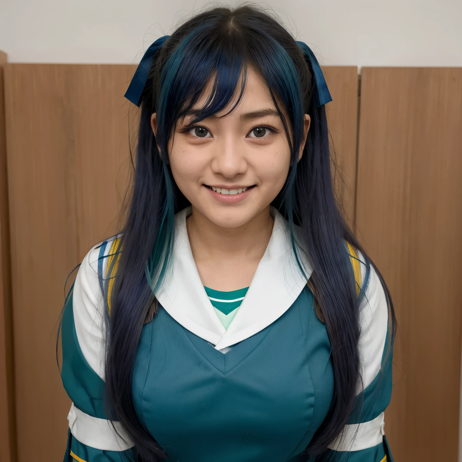 otokawa_saori, blue_cabello, verde_eyes, pechos grandes, cabello ribbon, escuela azul_uniform, Falda, aula, de pie, sonrisa, frente al espectador, obra maestra serafuku, mejor calidad