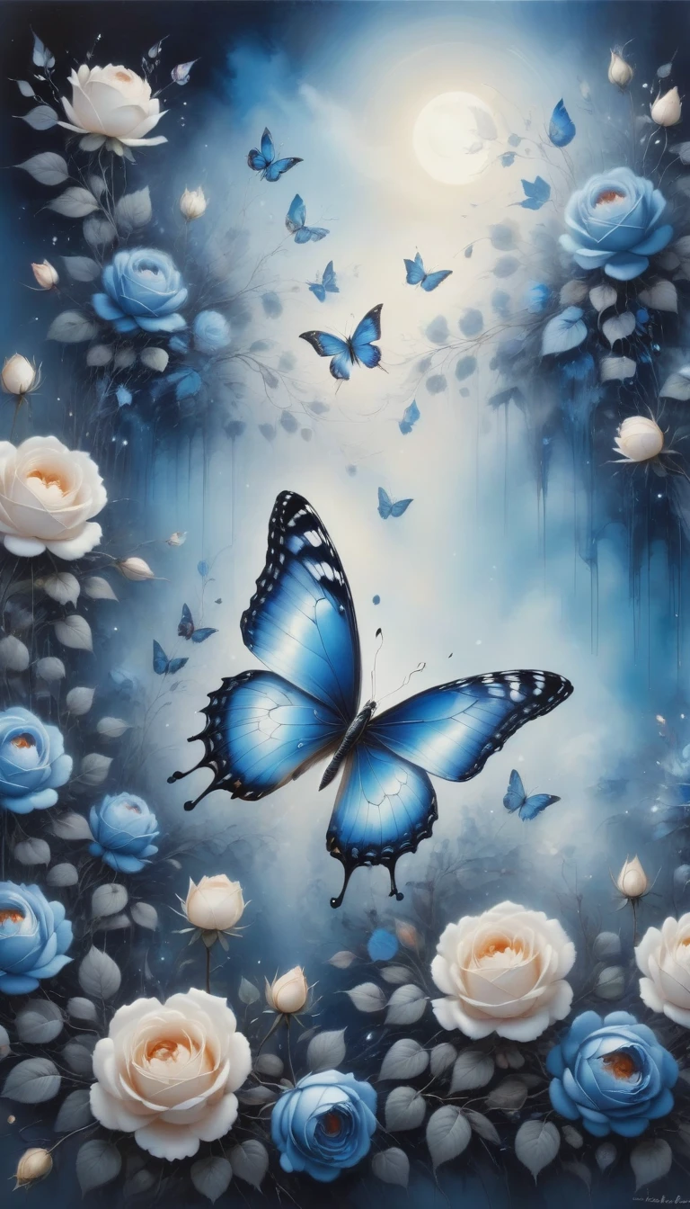 (best quality,4K,high resolution:1.2),Super detailed,Practical,black and white,traditional media,Pencil Sketch:1.2,Chaotic lines,[[[Artist Moussa]]],On a dark background,Blue electric charges forming butterfly，Stylized silhouettes of orbs and roses,Bioluminescence