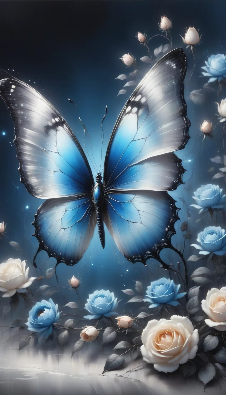 (best quality,4K,high resolution:1.2),Super detailed,Practical,black and white,traditional media,Pencil Sketch:1.2,Chaotic lines,[[[Artist Moussa]]],On a dark background,Blue electric charges forming butterfly，Stylized silhouettes of orbs and roses,Bioluminescence