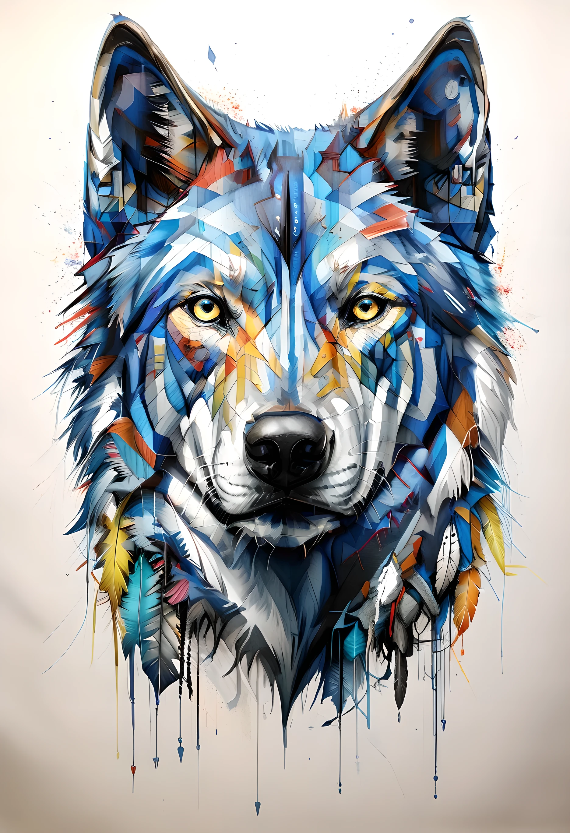 sketch on paper and pencil, al estilo de xk3mt1ks, Lobo nativo americano / Arte animal / Imagen de lobo / Impresiones de lienzo / Impresiones de metal / Wall decoration, En esta cautivadora obra de arte digital, a majestic wolf draws attention on a crisp white background, acentuado por atrevidas rayas de azul zafiro intenso, que recuerdan al estilo de los nativos americanos. Algunas plumas de adorno, symbolizes a powerful guardian of dreams with a touch of bohemian style. Los ojos del lobo, iluminados en un fascinante color turquesa, They emit an aura of deep connection with the spiritual realm. This piece invites contemplation of the ethereal nature of dreams and their firm protectors., blurring the boundaries between reality and the subconscious in a fusion of Native American and bohemian aesthetics. a drawing of a lobo with feathers and feathers on it's head, An airbrush painting, contraventana, arte peludo, blue lobo, angielobo, lobo, great lobo, wolp, photo of lobo, lobos y sus tesoros, animales hermosos detallados, lobo portrait, fantasy lobo portrait, furry lobo, alpha lobo head, half lobo, fondo blanco, mirada al horizonte de perfil. plumas a su alrededor, estilo aerografo