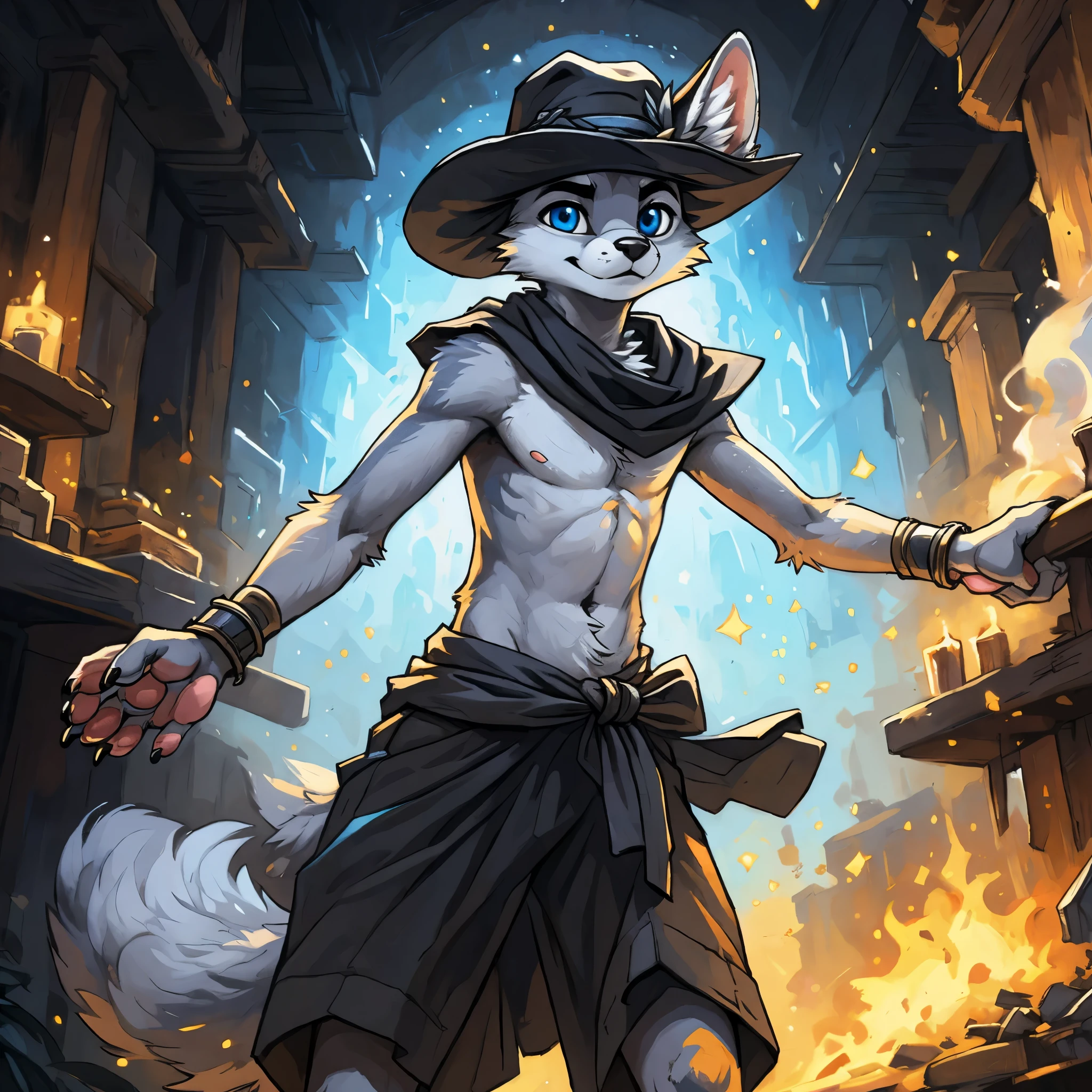 highres, High-quality illustrations, unparalleled masterpiece(movie of life)(furry anthro:1.7)absurd resolution (highly detailed beautiful face and eyes)perfect anatomy, caustics, no lighting, deep shadow, dynamic angle, Solo, teen furry, furry, teen, white fox, white body, grey stripes, black hat, brown_towel around waist, holy magic, masterpiece, Detailed face, big eyebrows, blue eyes, detailed eyes, No muscles, Detailed hands, metal cuffs around wrists, Flat body, Skinny, Detailed paws, no shirt, no underwear, smug, art by kenket