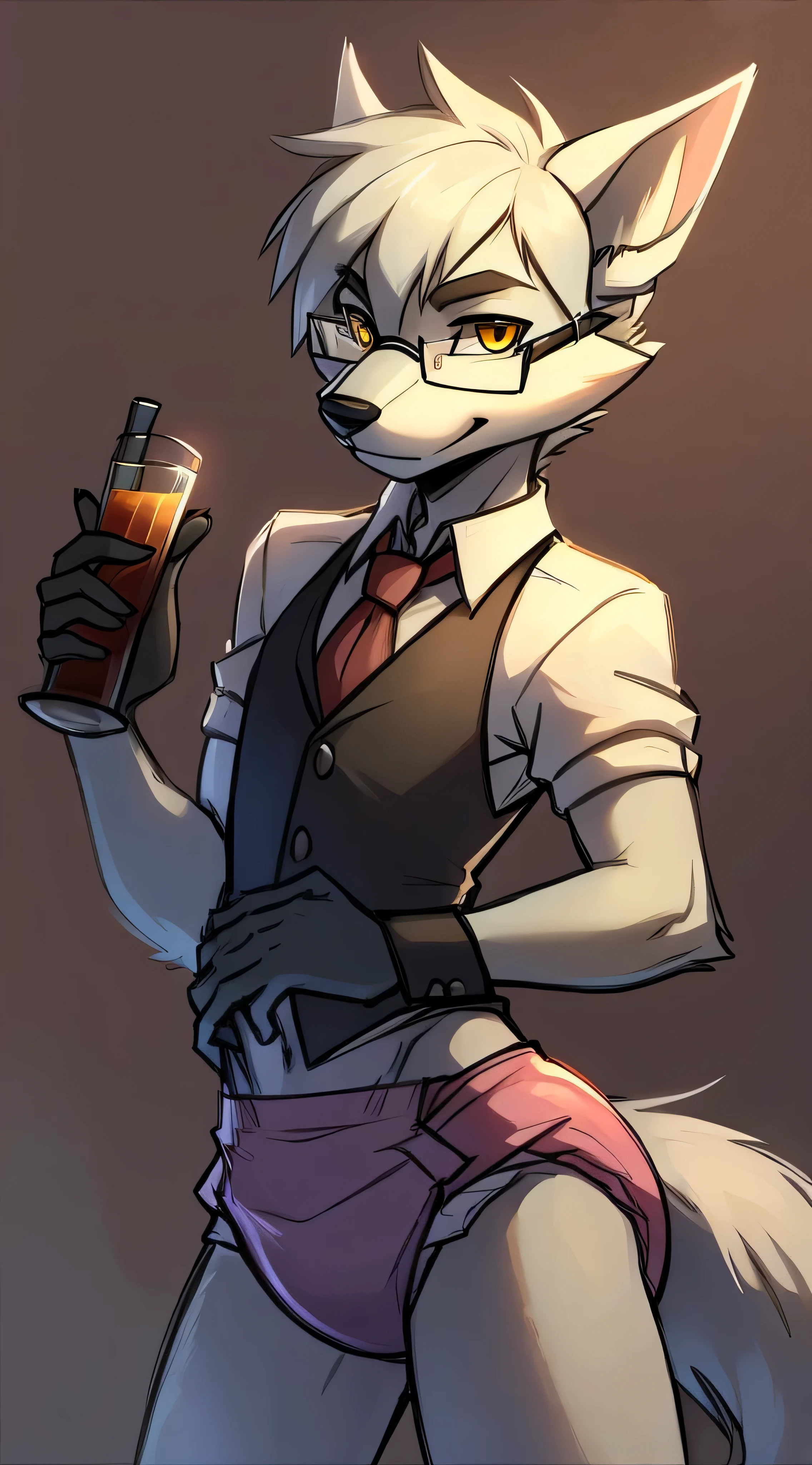 Male, arctic wolf, detailed yellow eyes, long tail, bartender, plain diaper, slim, sly, simple background, glasses