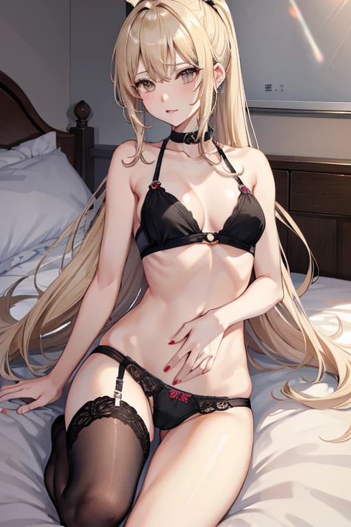 (((Put your hand in your panties)))、hug２Top quality talent　Deep Kiss　joy　Intertwining tongues　beautiful girl　Black and blonde ponytail　On the bed. Caution required when viewing.、Small breasts