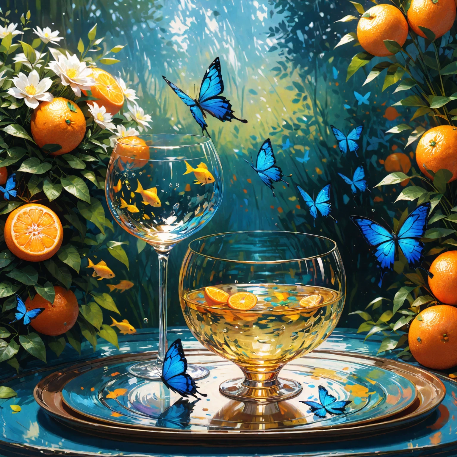 diy31,A vibrant acrylic painting featuring a blue butterfly dancing among the lush flowers of a garden, with a golden fish swimming freely in a clear glass cup. Detailed pattern on the plate containing the glass, with the blue butterfly's delicate spotted wings clearly visible. Calm garden background with impressionistic style enhances the serenity, while the golden fish adds vivid colors and energy to the scene. Harmonious interaction between the blue butterfly and golden fish, with subtle light reflections from the glass cup creating depth and dimensions. Rich palette of blues, oranges, and yellows intermingling, exquisitely captured with fine acrylic brushwork. High resolution, high-quality artwork that exudes a sense of tranquility and joyful atmosphere, ultra-realistic, detailed, colorful, vibrant, serene garden, by artists like Claude Monet, vibrant colors, hyperrealism, high dynamic range, photorealism.
