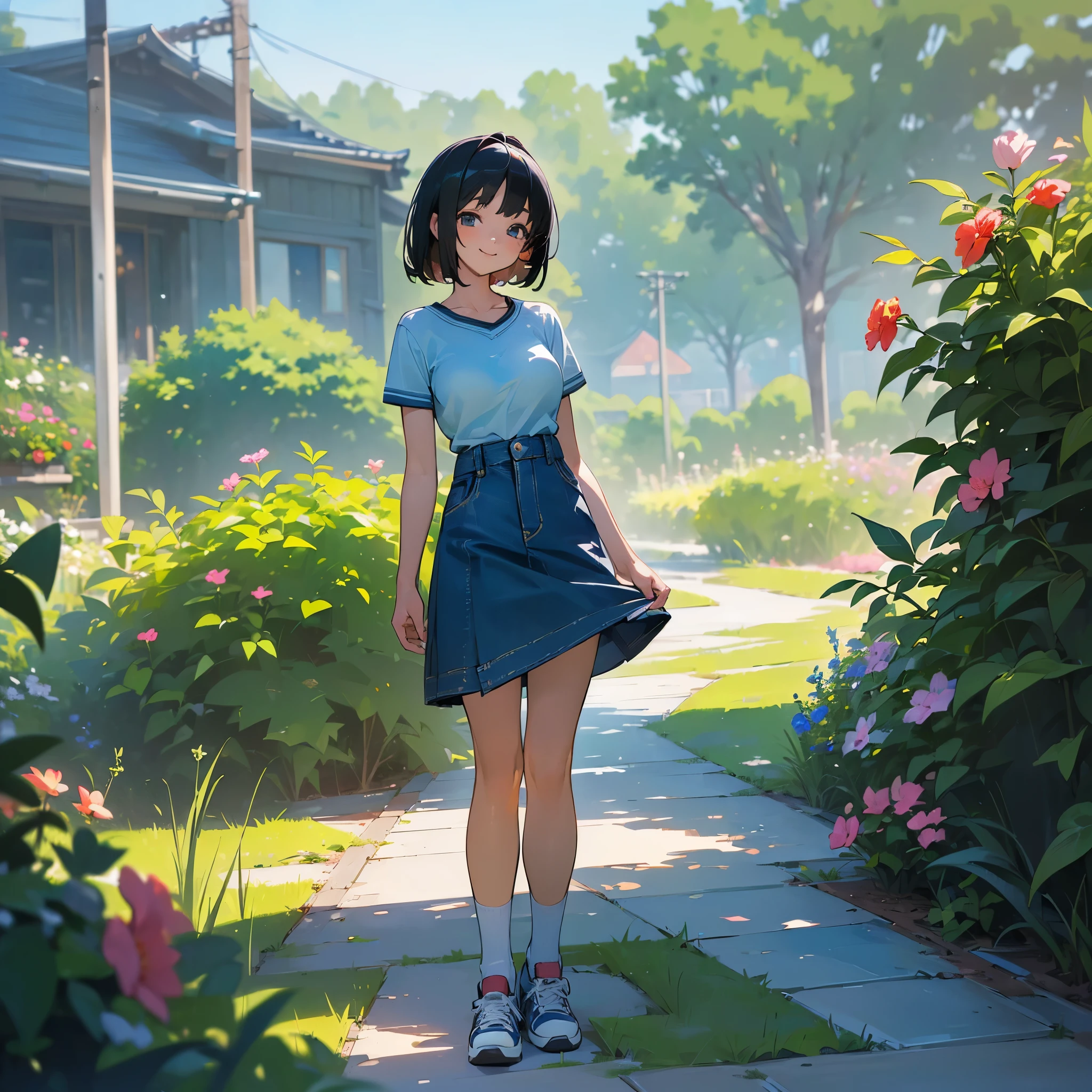 (high quality, High resolution, Very detailed, reality:1.37), Peaceful atmosphere, (Outdoor, garden), age girl standing alone, (my breasts are big.), Beautiful detail features, Cute Smile, (Black bob hair), Short sleeve shirt, Denim mini skirt, Blue socks, sneakers.