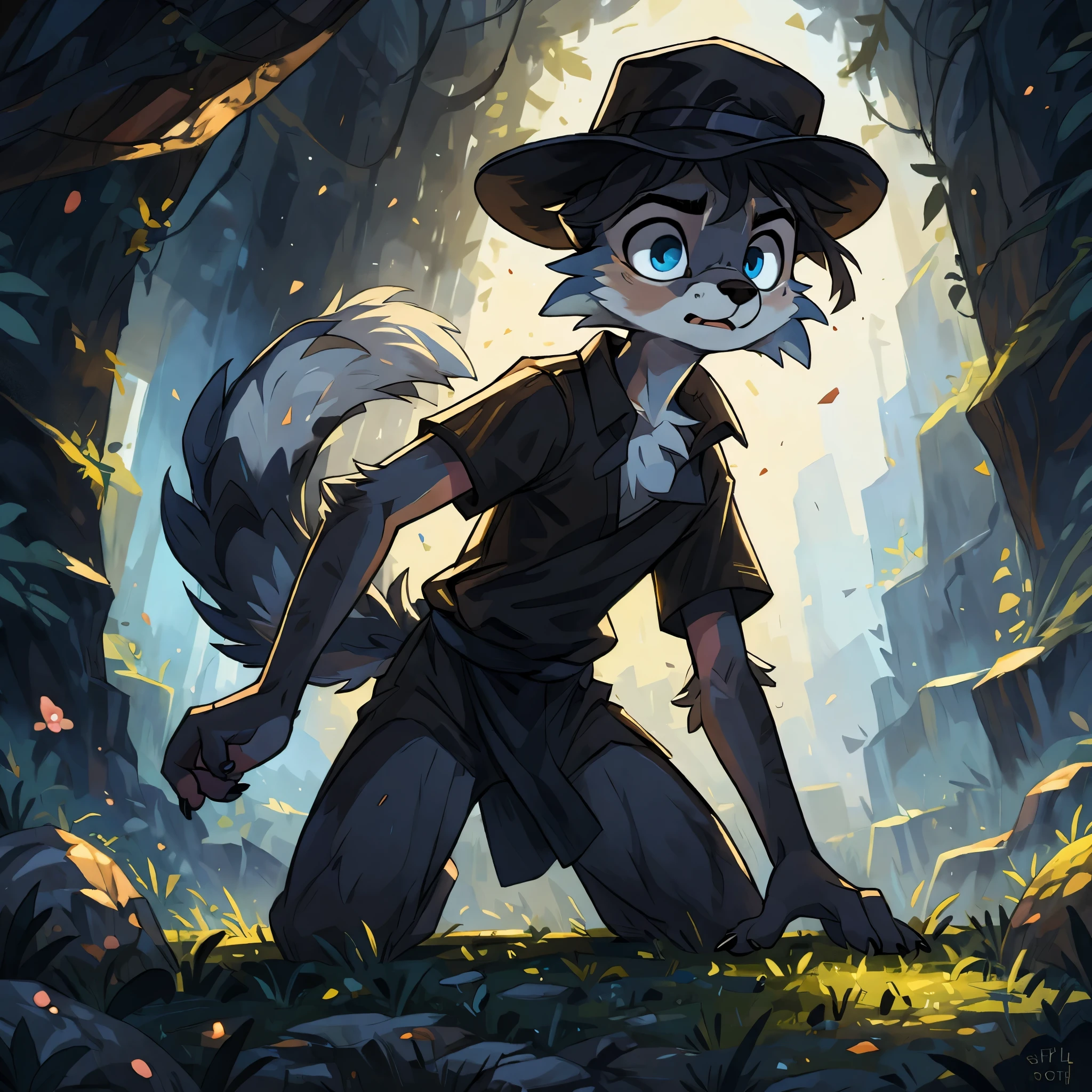 highres, High-quality illustrations, unparalleled masterpiece(movie of life)(furry anthro:1.7)absurd resolution (highly detailed beautiful face and eyes)perfect anatomy, caustics, no lighting, deep shadow, dynamic angle, Solo, furry, furry, teenite fox, white body, grey stripes, black hat, brown_towel around waist, holy magic, masterpiece, Detailed face, big eyebrows, blue eyes, detailed eyes, No muscles, Detailed hands, metal cuffs around wrists, Flat body, Skinny, Detailed paws, no shirt, no underwear, scared, art by blotch