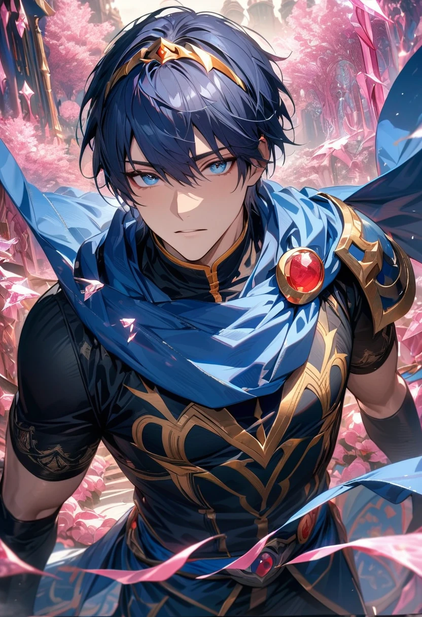 absurdres, highres, ultra detailed, HDR, masterpiece, extremely detailed face and eyes, Marth, dark blue hair, expressive blue eyes, Fire Emblem, solo, sexy man, handsome, blue cape, black tight shirt, patterns, pink ice trees, pink ice flowers, pink ice butterflies
