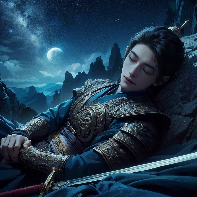 (Best Quality:1.2), (high resolution:1.2), (beautiful face and eye:1.5), (sharpest focus:1.2), (Ultra-realistic Photo:1.2), (Ultra-precise Photo:1.2), (Depth of field:1.2), (8k high resolution:1.2). (perfect ???????:1.2), 
(nice hands:1.5), (perfect hands:1.5), (cynical smile:1.5), (A very young and beautiful Chinese man:1.0), (lying down quietly with closed sick eyes:1.8), (At the top of a steep rocky mountain:1.8), 
(Stars of Leo twinkling in the night sky:1.5), (Looking down angle:1.5), (holding a drawn sword:1.0), (Chinese warrior with very light armor and beat-up arms:1.0), (Pale complexion:1.5), 