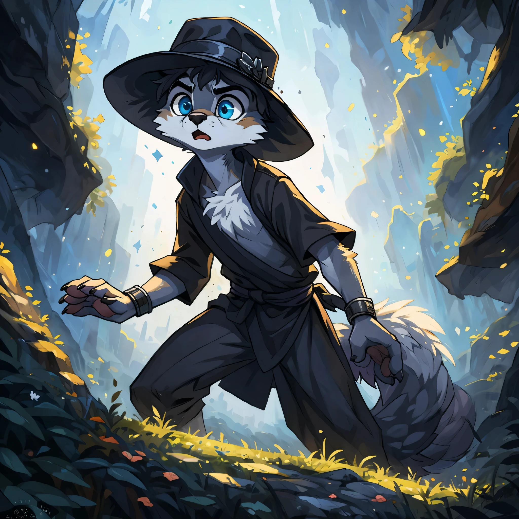 highres, High-quality illustrations, unparalleled masterpiece(movie of life)(furry anthro:1.7)absurd resolution (highly detailed beautiful face and eyes)perfect anatomy, caustics, no lighting, deep shadow, dynamic angle, Solo, teen furry, furry, teen, white fox, white body, grey stripes, black hat, brown_towel around waist, holy magic, masterpiece, Detailed face, big eyebrows, blue eyes, detailed eyes, No muscles, Detailed hands, metal cuffs around wrists, Flat body, Skinny, Detailed paws, no shirt, no underwear, scared, art by blotch