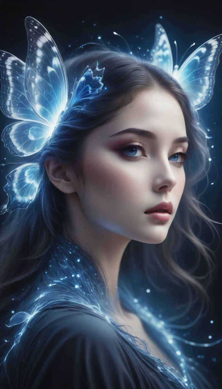 (best quality,4K,high resolution:1.2),Super detailed,Practical,black and white,traditional media,Pencil Sketch:1.2,Chaotic lines,[[[Artist Moussa]]],On a dark background,Blue electric charges forming the stylized silhouette of a butterfly,Bioluminescence