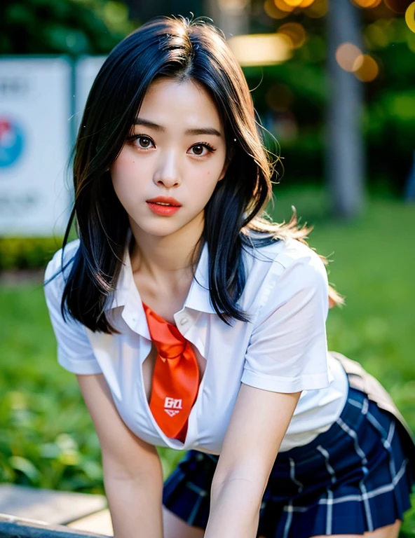 high school, Browsing Caution,8k,(RAW Photos:1.2),(highest quality:1.4),(masterpiece:1.4),Best illustrations,Ultra-high resolution,Portraiture,Film Grain,movie,One Girl,Written boundary depth,(Realistic:1.4),(Detailed Hair,Realistic Hair,Realistic lighting,Realistic Shadows,Realistic clothing,Realistic Skin),Natural skin texture,Super Detail,( Portraiture: 0.6),(Particles of light,Lens flare,Luminous Particles:0.6),(Bokeh:1.2),cute,Professional Lighting,Photon Mapping,Radio City,Physically Based Rendering,Unbelievably absurd,Glowing Skin,(Pale skin:1.2),(Pyros Face_v1:0.7),(close:1.1),(Fair skin:1.1) , (Round face: 1.5),Open your mouth,Puffy eyes,Purple eyes,double eyelid,(single-track:1),(Long Hair:1.1),Floating Hair NovaFrog style,High Ponytail,Floating Hair,Compensate,(very thick lip gloss,Lots of eyelashes,eye shadow),Beautiful legs,(Unbuttoned shirt:1.1),Sailor suit,((school uniform, Checkered Pleated Skirt)),White shirt,Super short skirt,(Small breasts),(teeth:1.2),Knee socks,Outdoor,city,sunny,whole body,On all fours,Female panther posing,return,Backwards,(((Cleavage))),Japanese Girls,Downward,Protruding buttocks,Turned her away,stick out,Protruding areola, 陰部の形がteethっきりと見える, pubic hair, Coarse hair on the underbelly, Spread your legs
