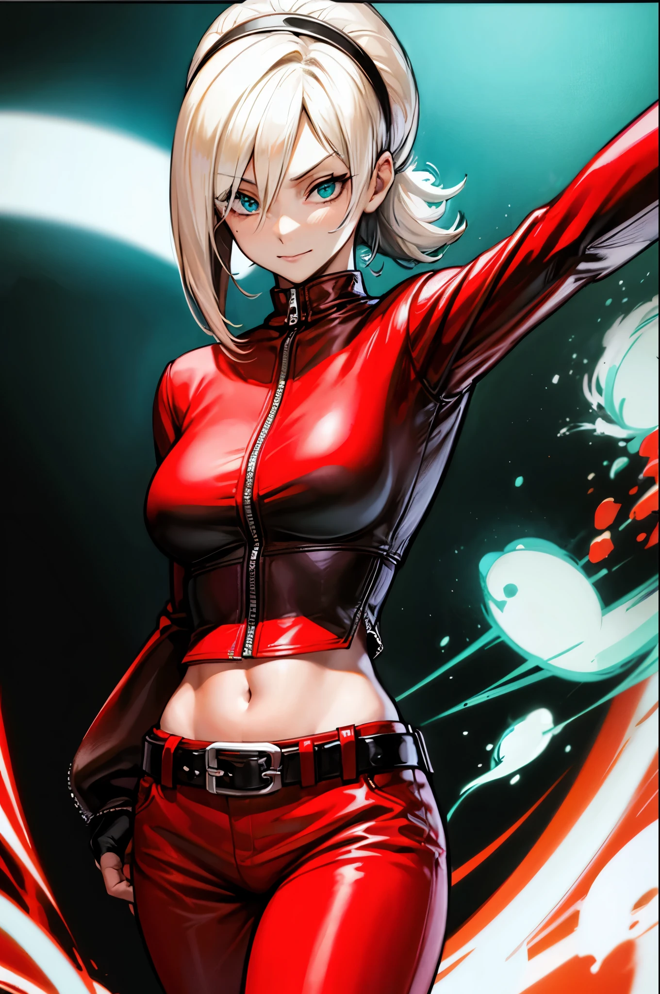 (masterpiece, best quality:1.2), expressive eyes, perfect face, highres, 1girl, solo, (female:1.5), AshCrimson, blonde hair, hair covering eye, hair band, red jacket, freckles, red bodysuit, red pants, belt, fingerless gloves, nail polish, smirk, midriff, arms up,  blacl background, green fire, posing, standing, upper body portrait, looking at the viewer