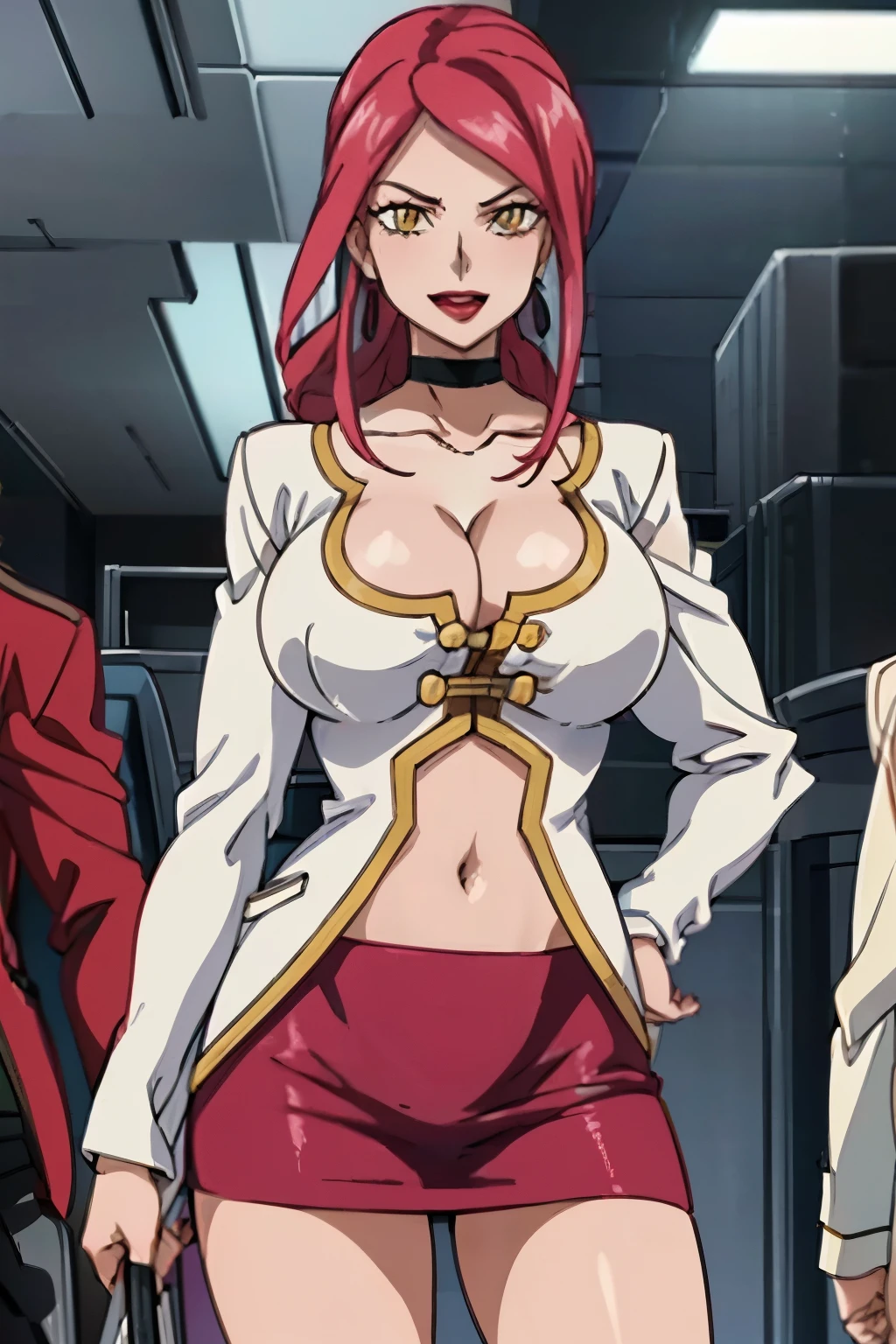 KirikoAoi, 1girl, solo, large breasts, cleavage, jewelry, yellow eyes, long hair, pink hair, red hair, earrings,  choker, mature female, masterpiece, best quality, highly detailed,breasts,skirt,cleavage,long hair,skirt
suit,suit,formal,jewelry,necklace,micro pencil skirt,jacket,smile,makeup,looking at viewer,business suit,
lipstick,office lady,mature female,micro miniskirt,indoor,office,office lady ,smile, open mouth, (nsfw) not
safe for work, holding a gun, evil expression, exposed belly, exposed navel, exposed midriff, exposed
lower belly , lipstick