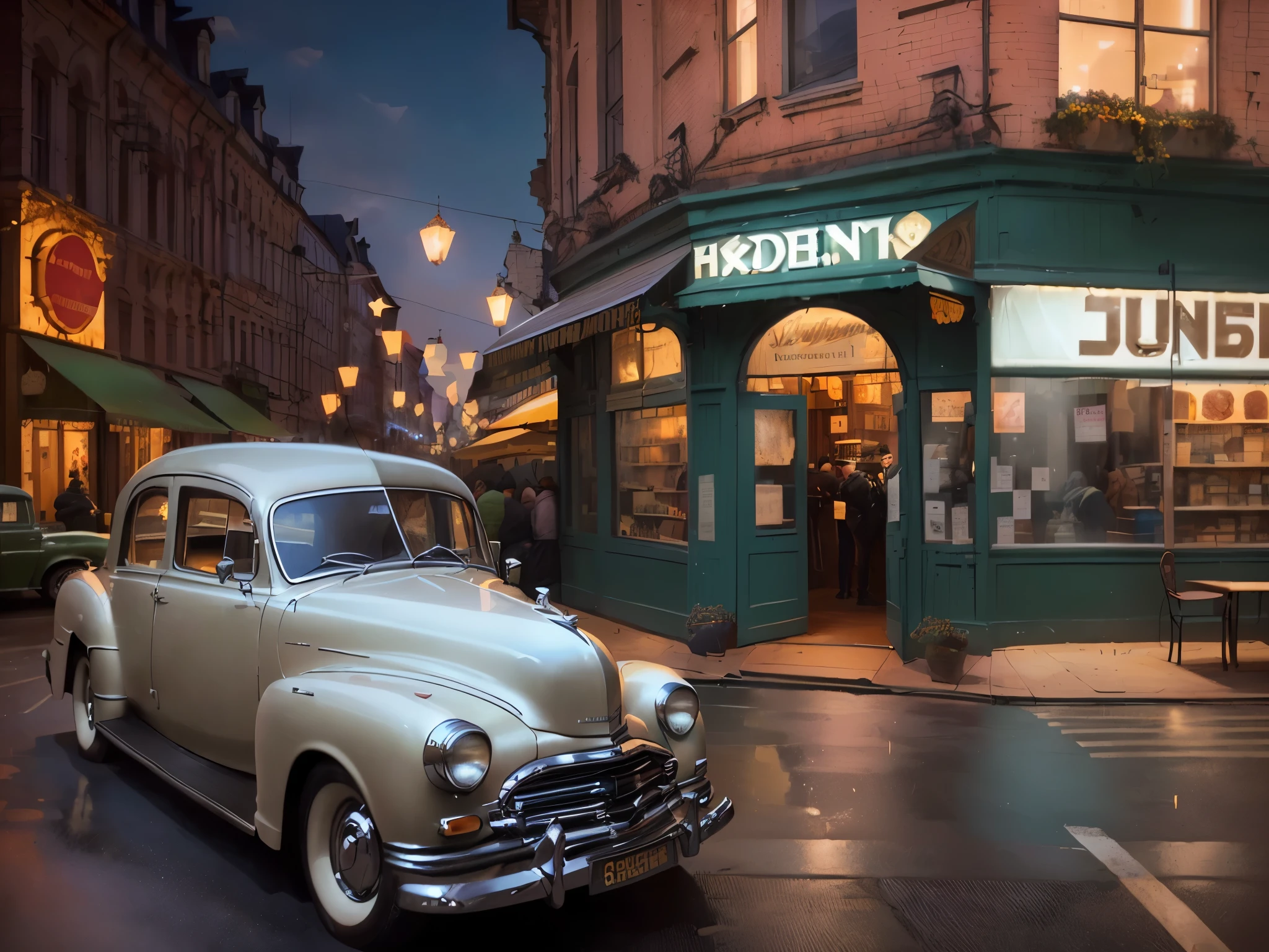 there is a vintage car parked in front of a store, by Alexander Kucharsky, by Ludwik Konarzewski Jr, alexey egorov, by Ludwik Konarzewski, by Koloman Sokol, by Otakar Kubín, by Krzysztof Boguszewski, by Karl Kopinski
