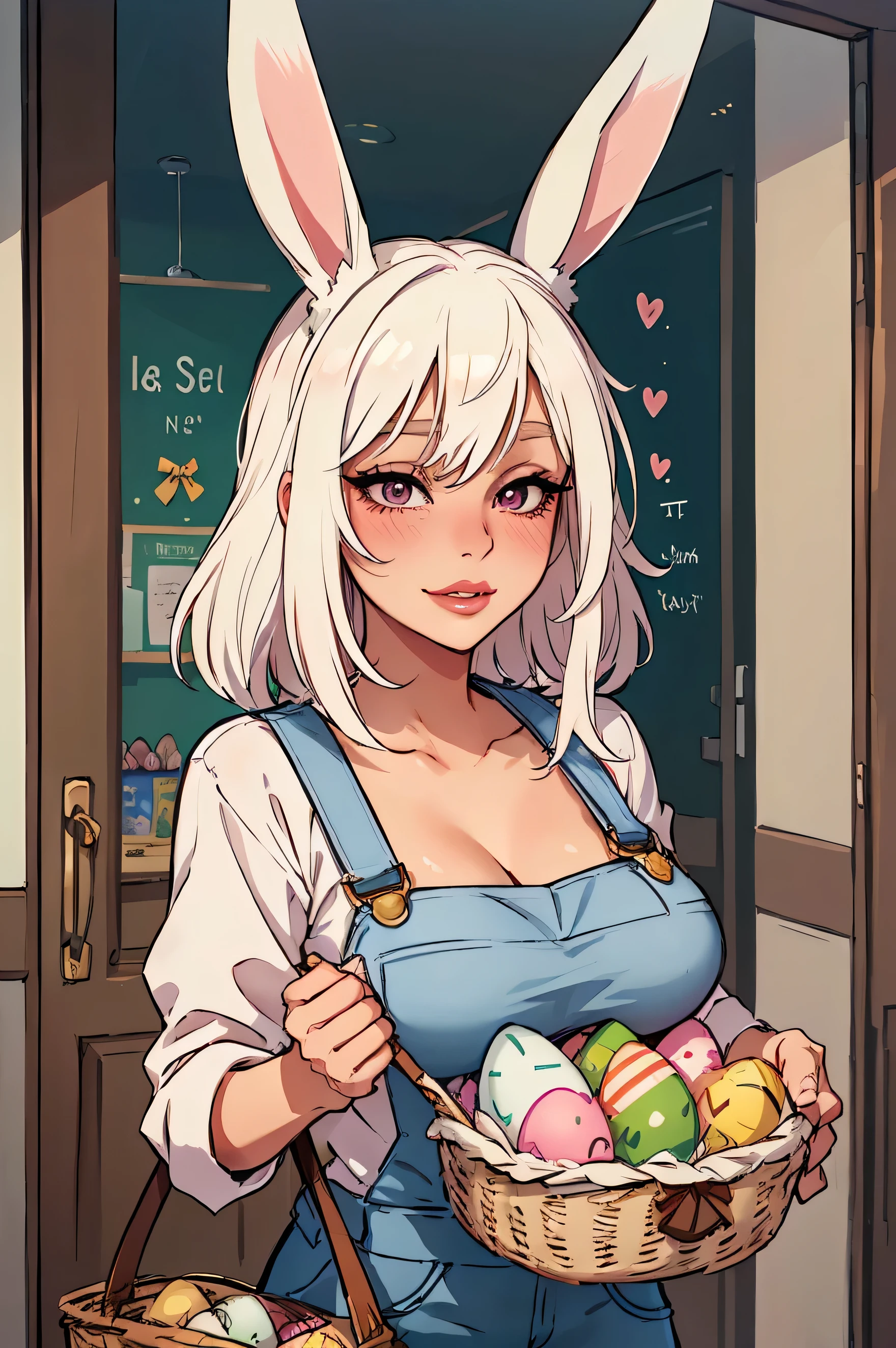 Masterpiece, best quality, centered in frame, portrait, bunny girl, tan skin, busty, pink full lips, white hair bunny nose, whiskers, white bunny ears, overalls, eager bunny outfit, easter, holding basket, beautiful