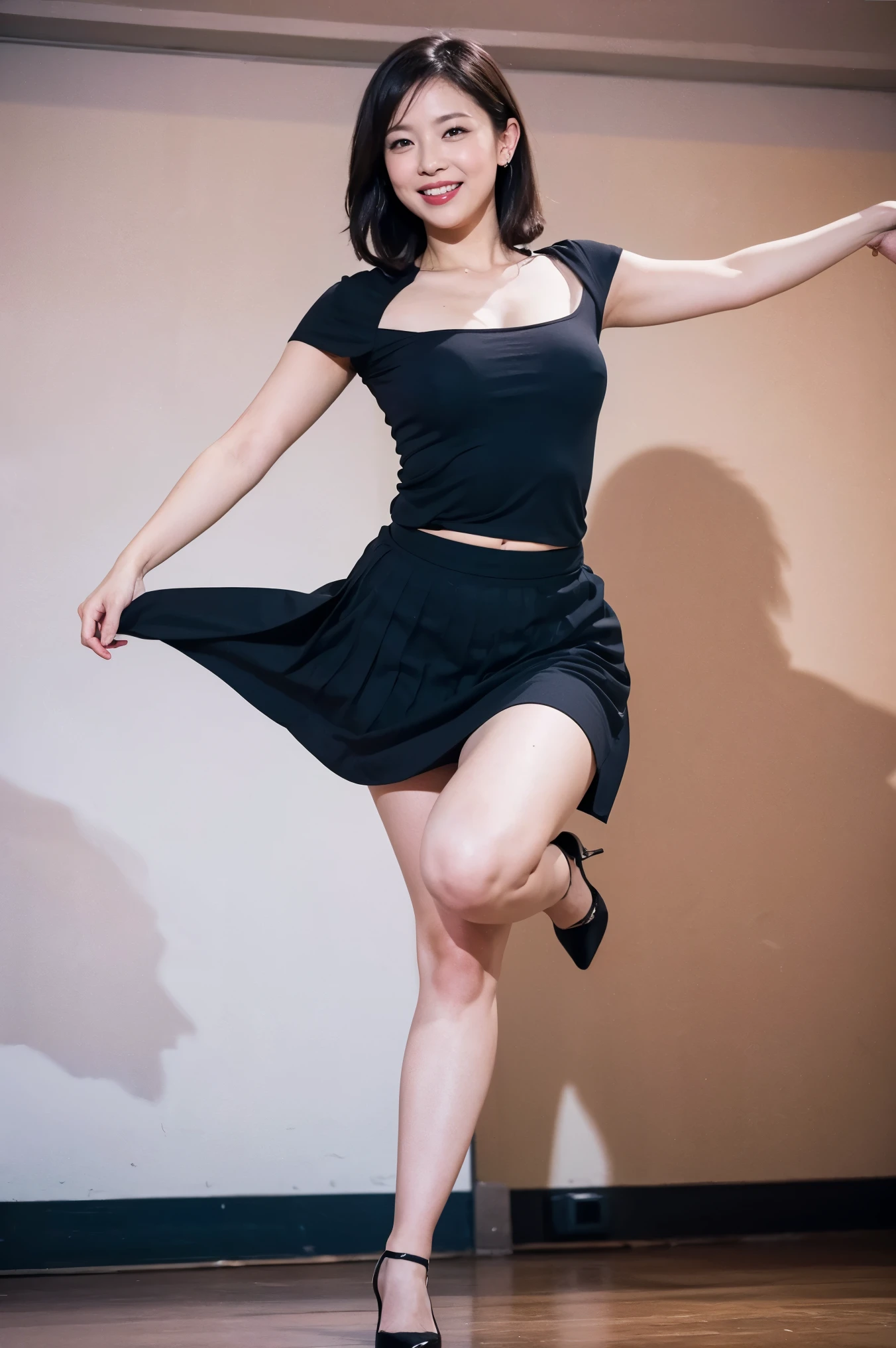Best Quality, Mastepiece, Photorealistic, It is high resolution., 8k　Raw photo,Solo, 1girl, 30 years old、Dancing Jazz Dance、smile、Sexy pose、Business Skirt、Legs spread wide、High heels